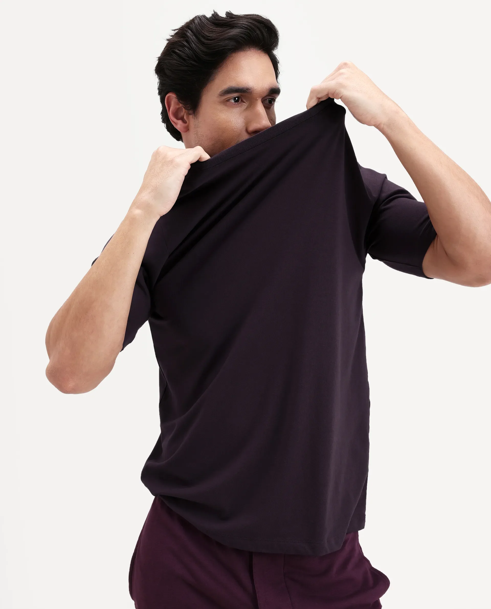 Rare Rabbit Men's Vaux Maroon Cotton Fabric Half Sleeve Regular Fit Plain T-Shirt - Image 7