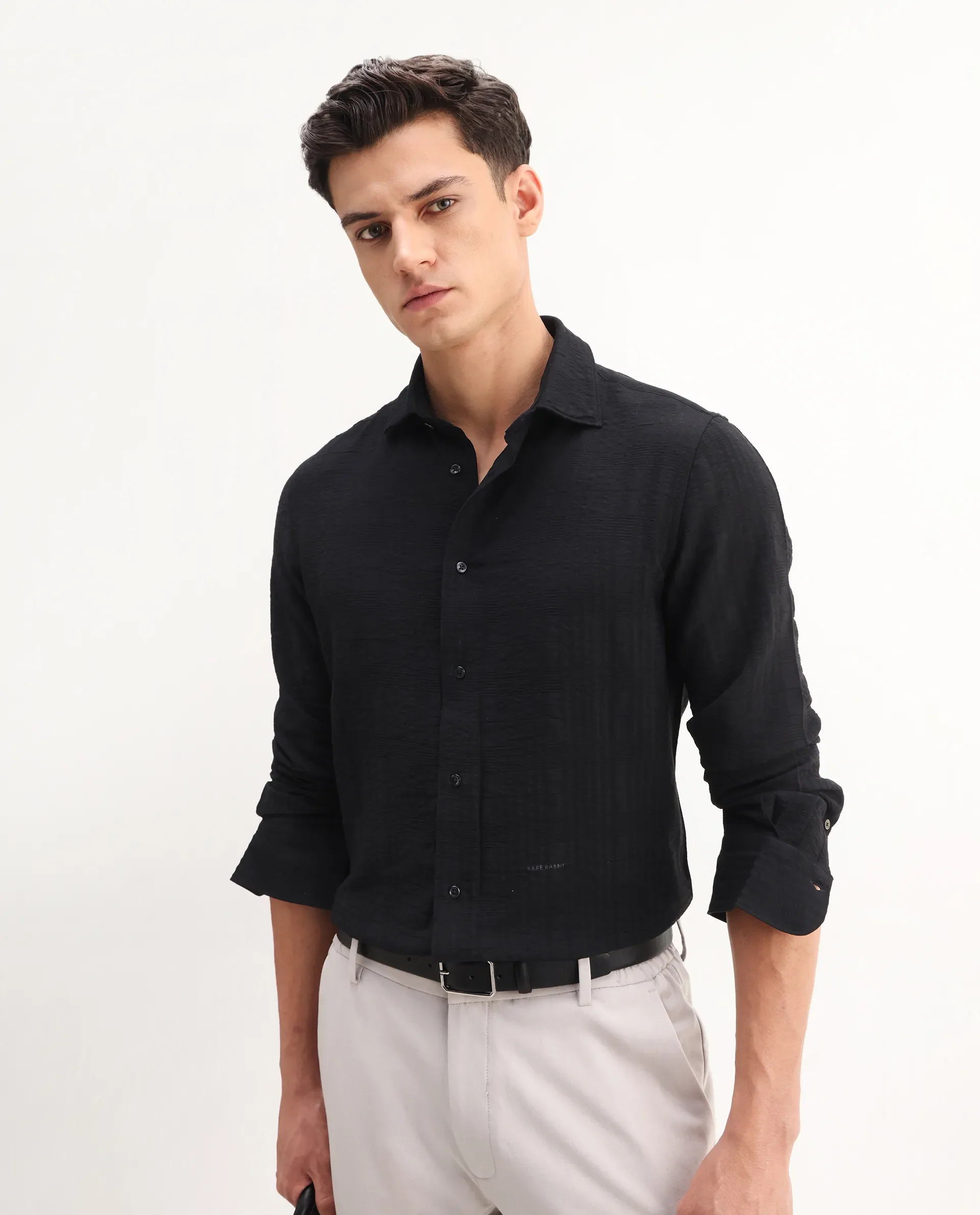 Rare Rabbit Men's Vaxo Black Viscose Blend Checked Print Regular Fit Full Sleeve Collared Shirt