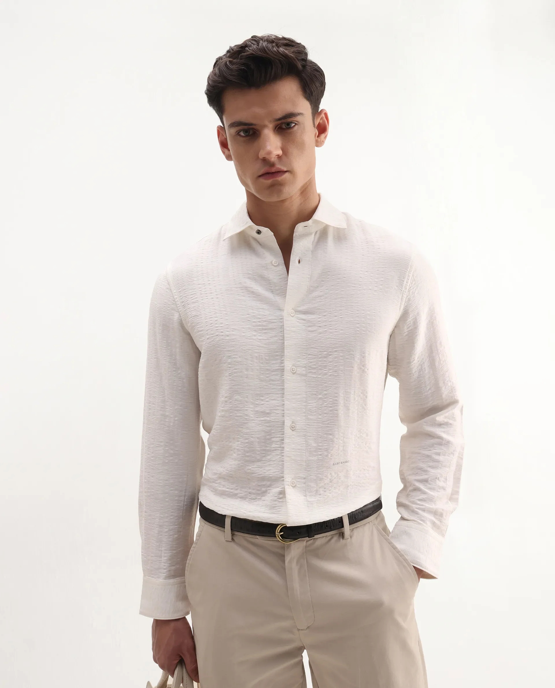 Rare Rabbit Men's Vaxo Off White Viscose Blend Checked Print Regular Fit Full Sleeve Collared Shirt