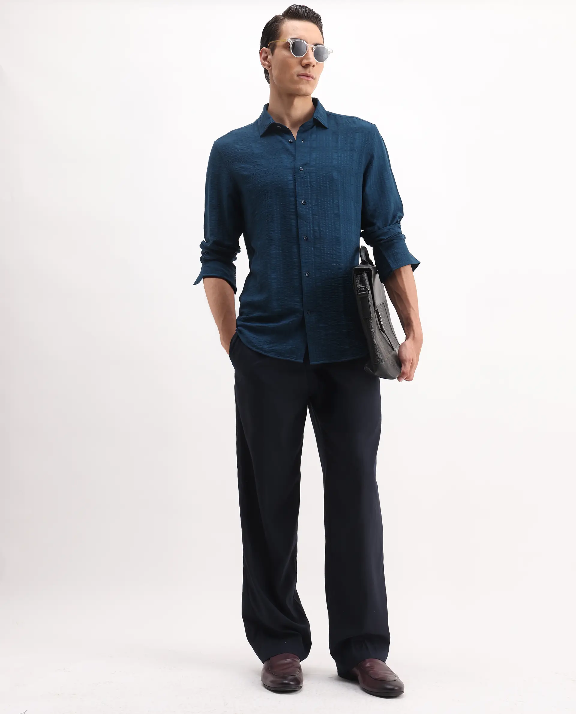 Rare Rabbit Men's Vaxo Teal Viscose Blend Checked Print Regular Fit Full Sleeve Collared Shirt - Image 2