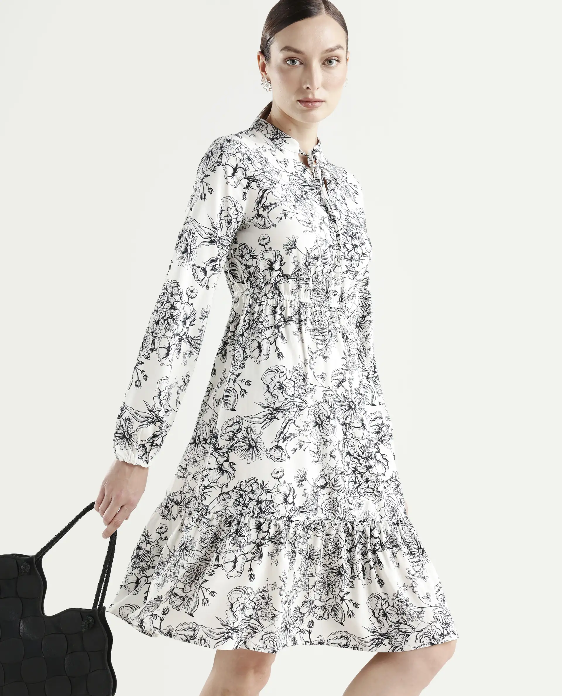 Rareism Women's Veden White Viscose Full Sleeve Flared Floral Print Dress