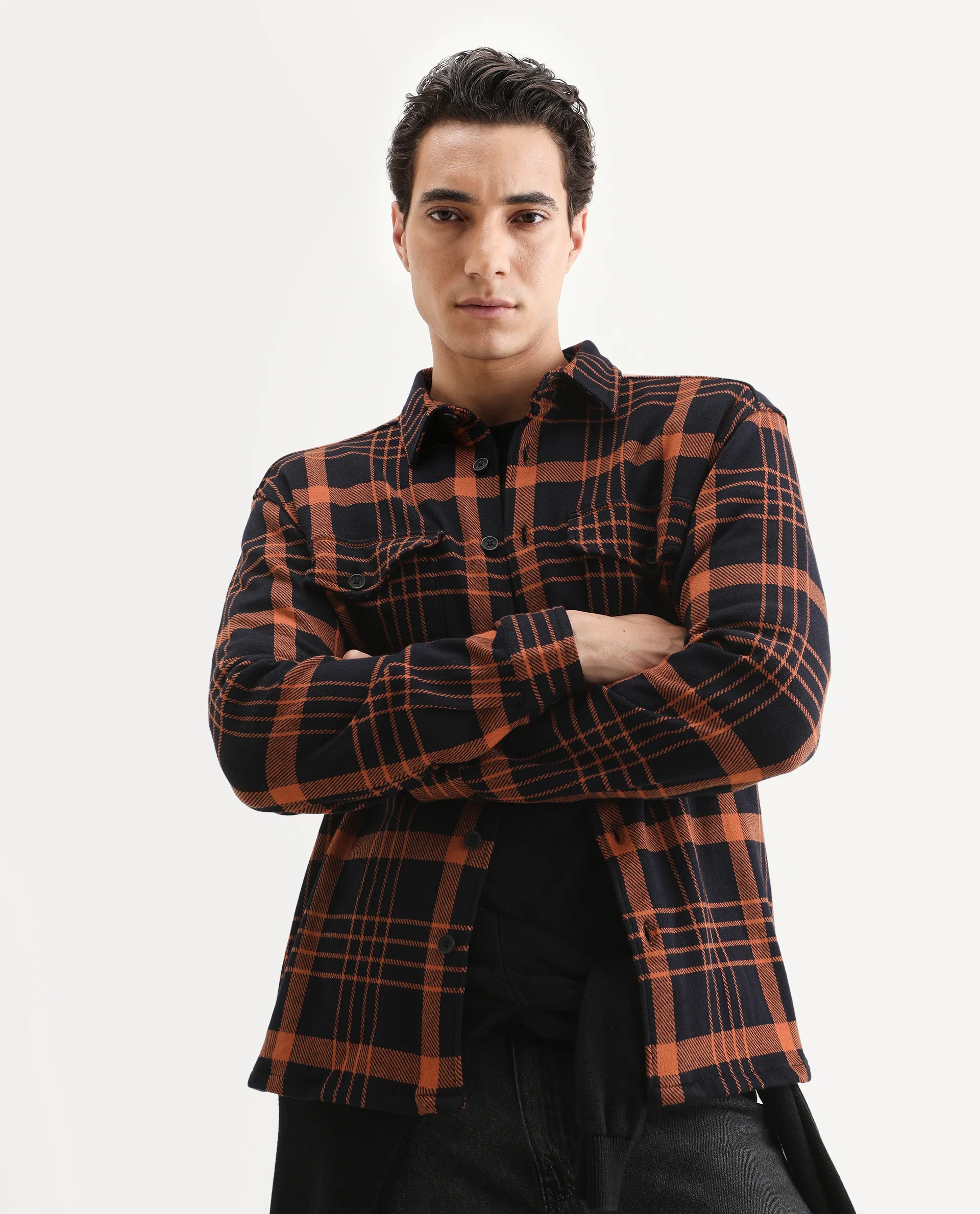 Rare Rabbit Men's Vega Black Cotton Checked Print Relaxed Fit Full Sleeve Collared Shacket