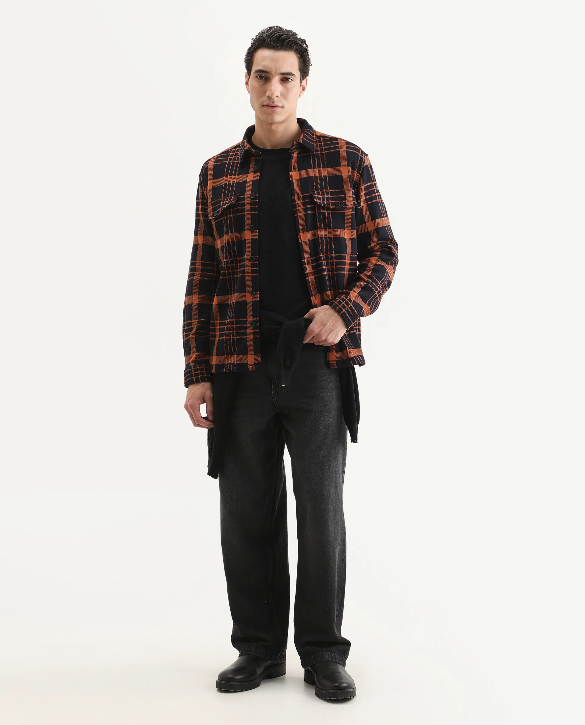 Rare Rabbit Men's Vega Black Cotton Checked Print Relaxed Fit Full Sleeve Collared Shacket - Image 2