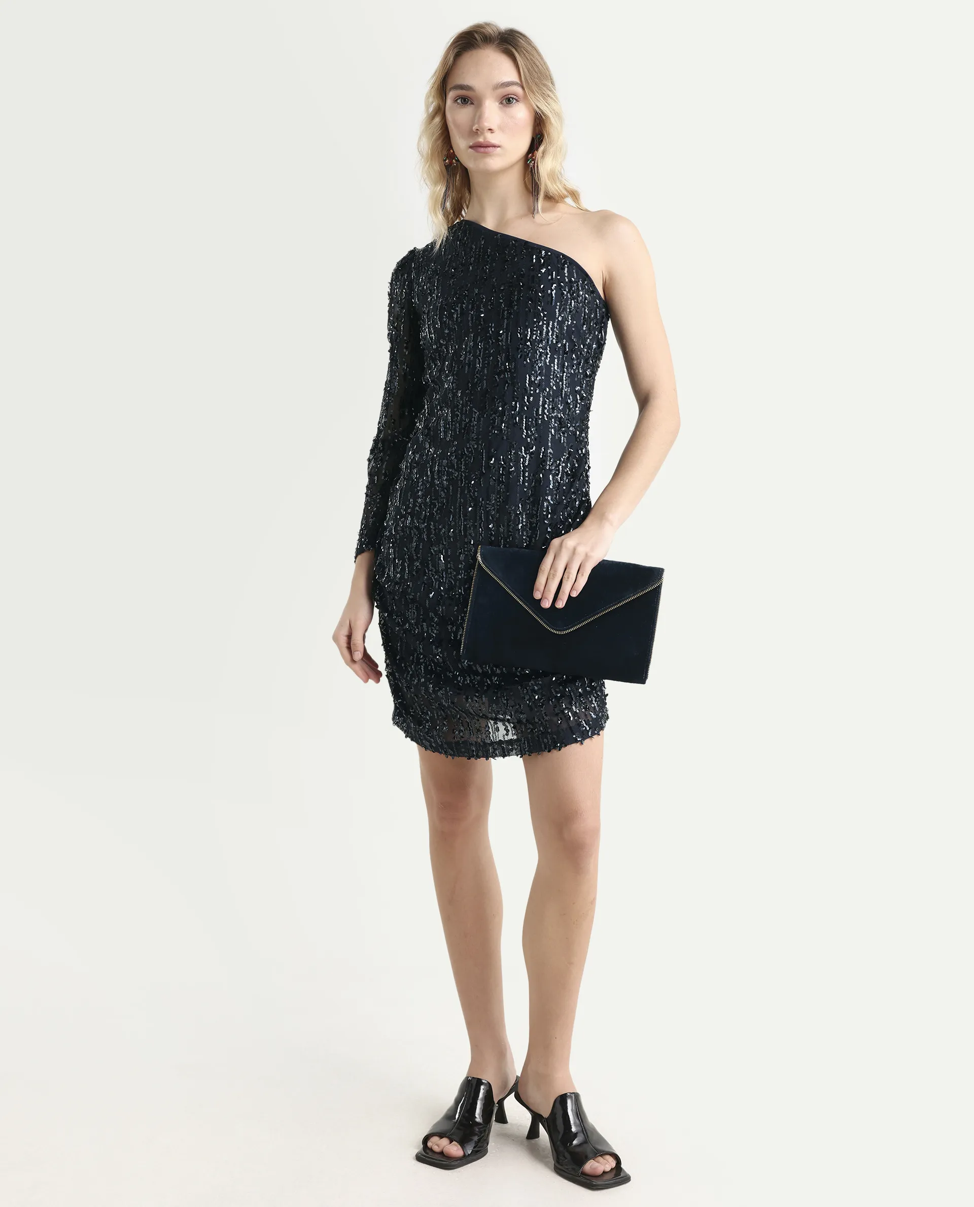 Rareism Women's Vegas Metallic Navy Knit One Shoulder Sequined One Shoulder Knee Length Bodycon Dress - Image 2