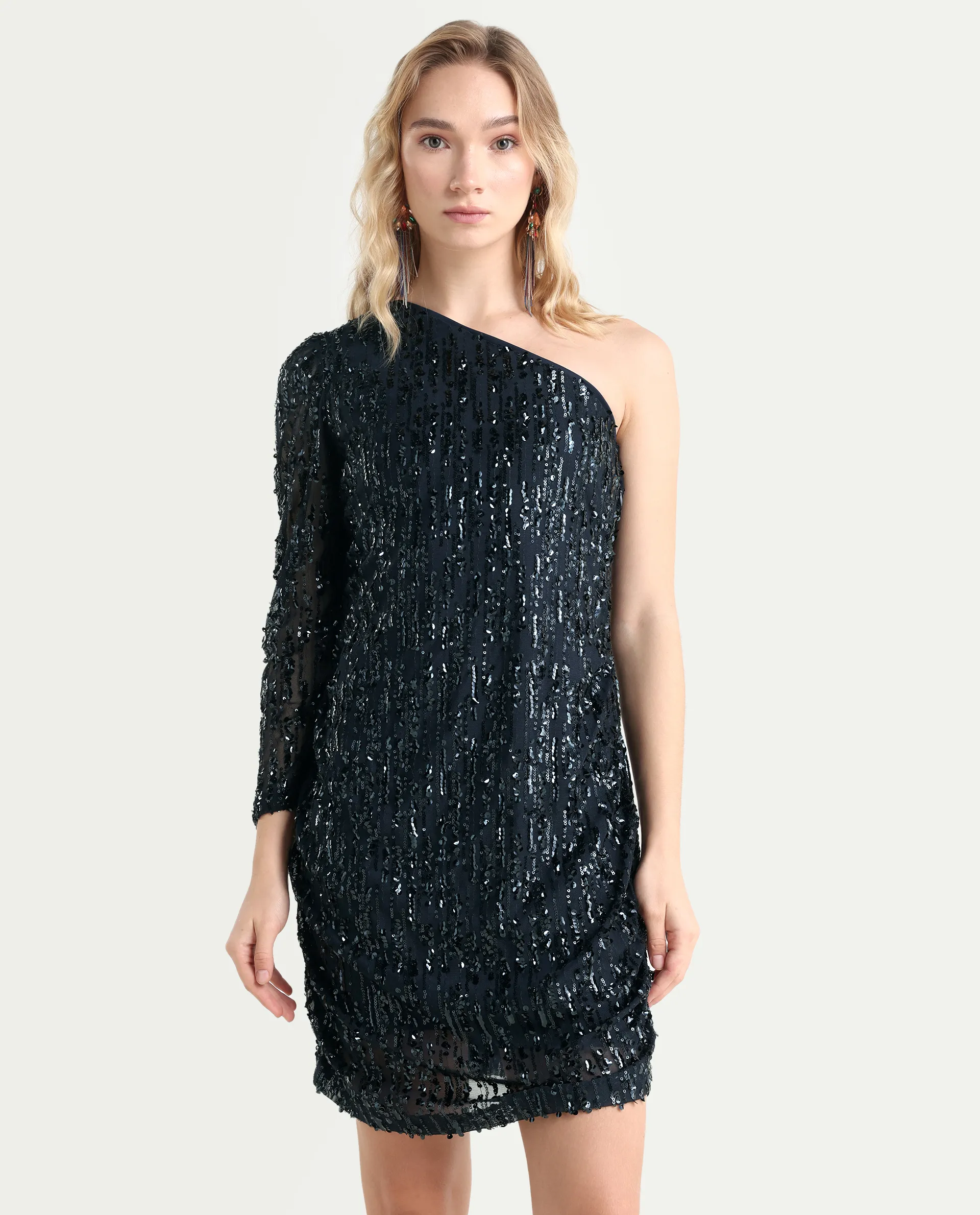 Rareism Women's Vegas Metallic Navy Knit One Shoulder Sequined One Shoulder Knee Length Bodycon Dress - Image 3