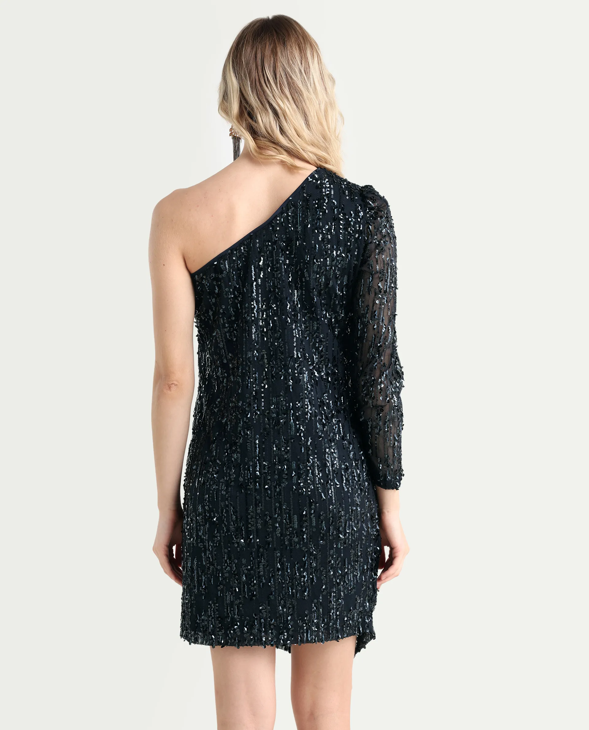 Rareism Women's Vegas Metallic Navy Knit One Shoulder Sequined One Shoulder Knee Length Bodycon Dress - Image 7
