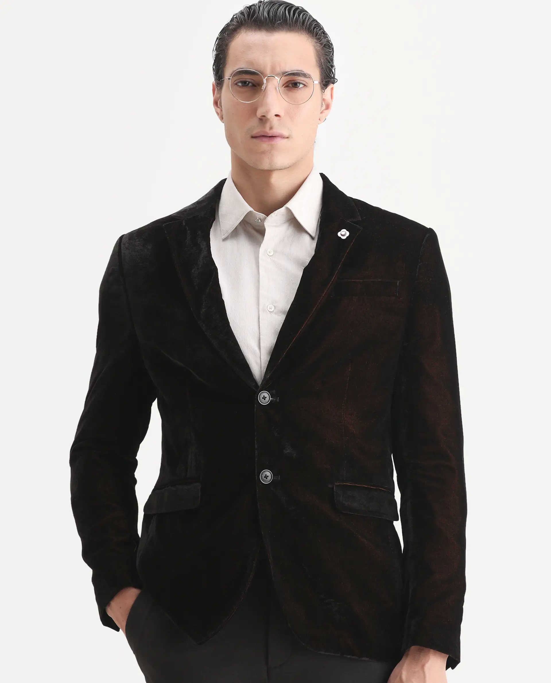 Rare Rabbit Men's Velter Dark Mustard Velvet Plain Tailored Fit Full Sleeve Lapel Neck Blazer