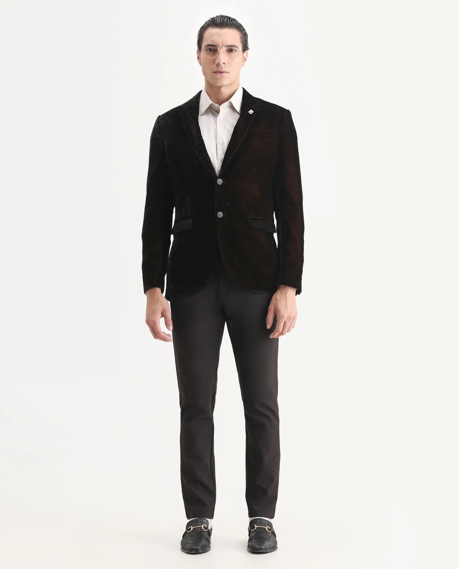 Rare Rabbit Men's Velter Dark Mustard Velvet Plain Tailored Fit Full Sleeve Lapel Neck Blazer - Image 2