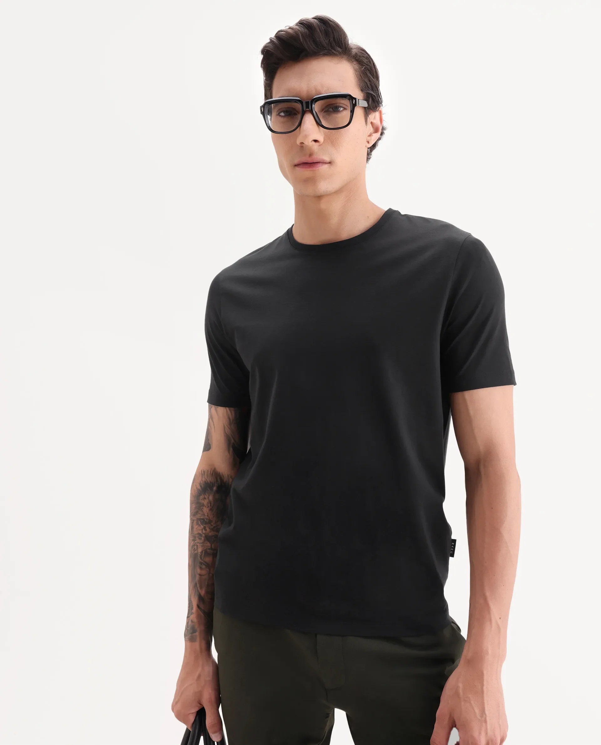 Rare Rabbit Men's Veltra Black Modal Blend Plain Regular Fit Half Sleeve Crew Neck T-Shirt