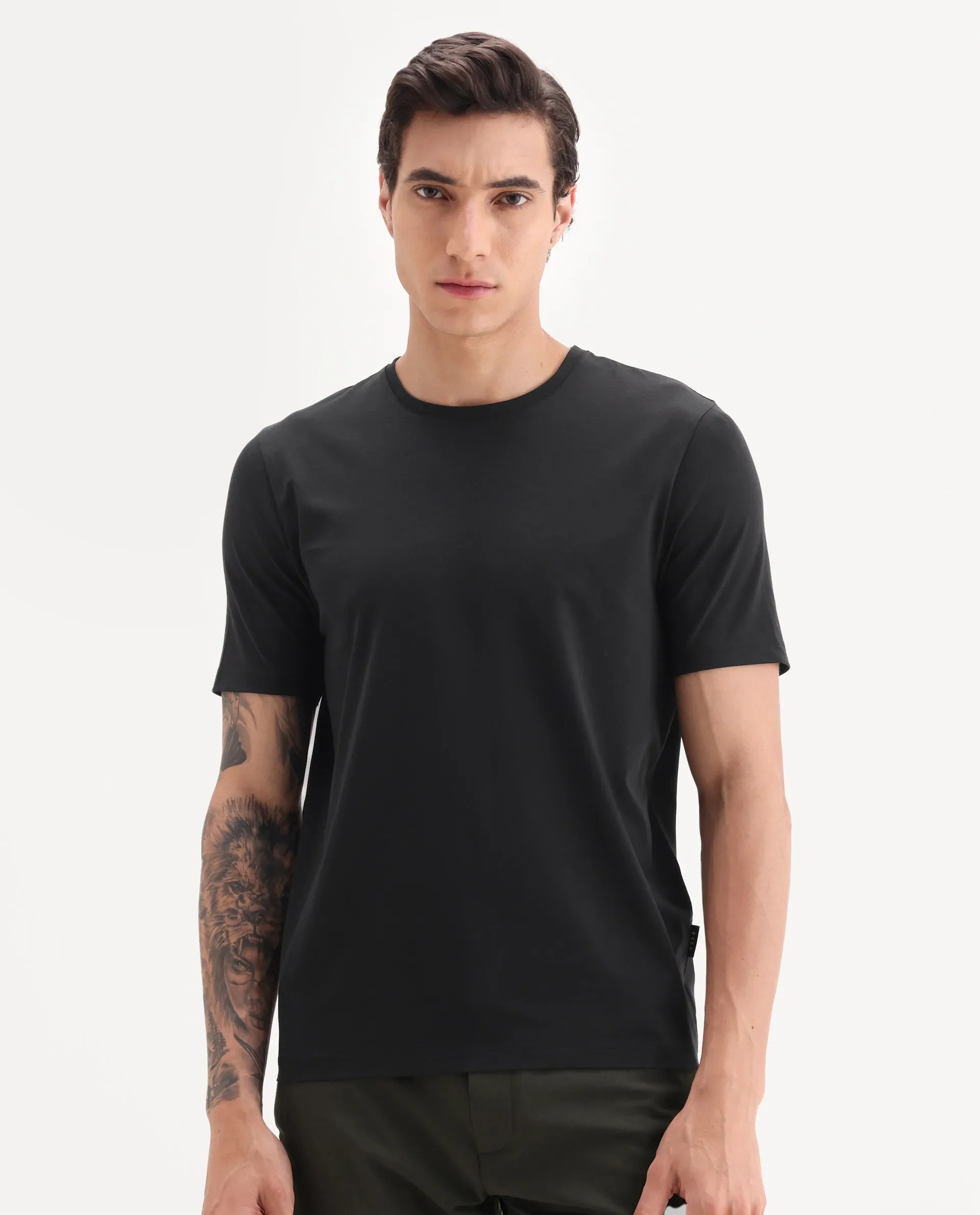 Rare Rabbit Men's Veltra Black Modal Blend Plain Regular Fit Half Sleeve Crew Neck T-Shirt - Image 4