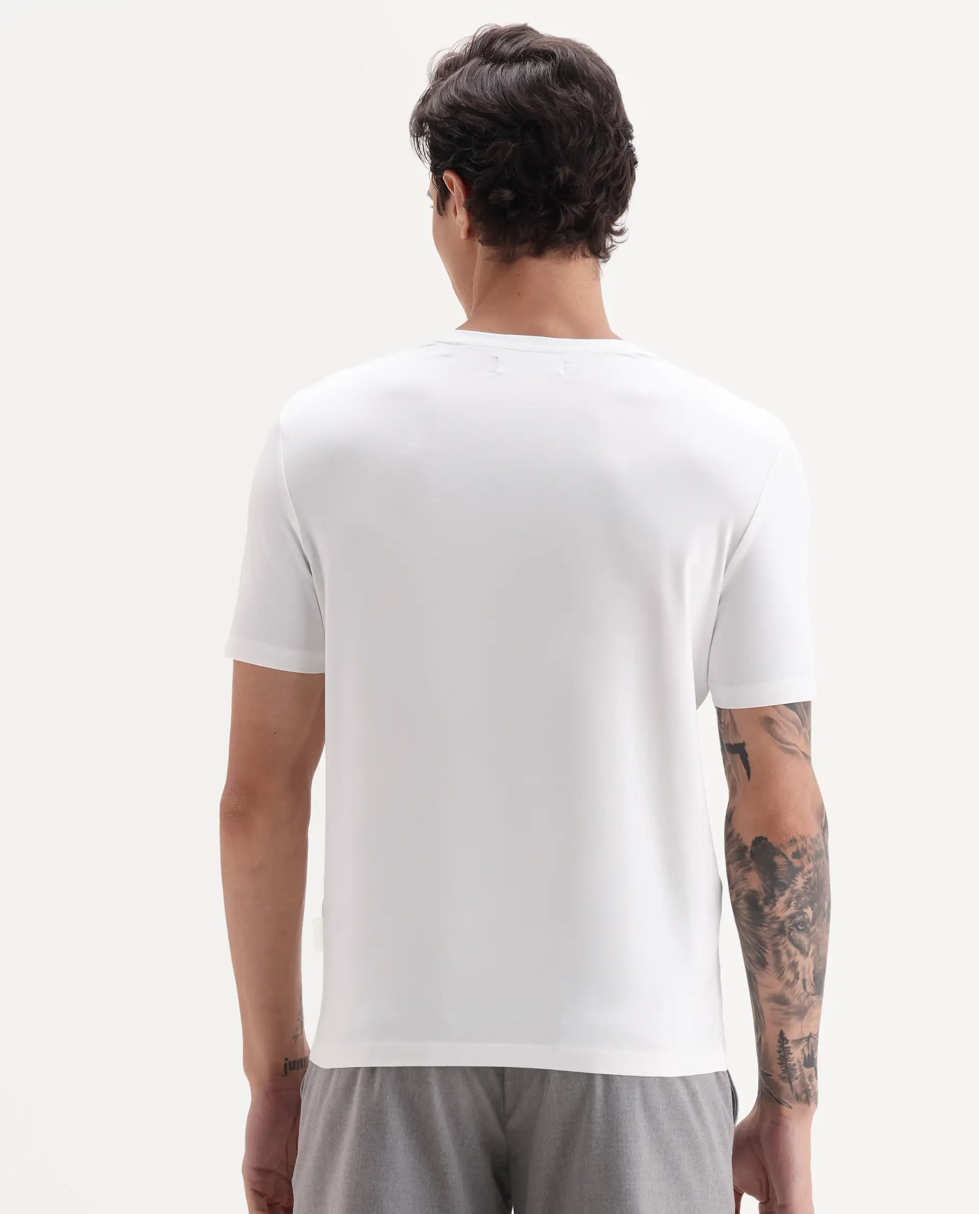 Rare Rabbit Men's Veltra Off White Modal Blend Plain Regular Fit Half Sleeve Crew Neck T-Shirt - Image 9