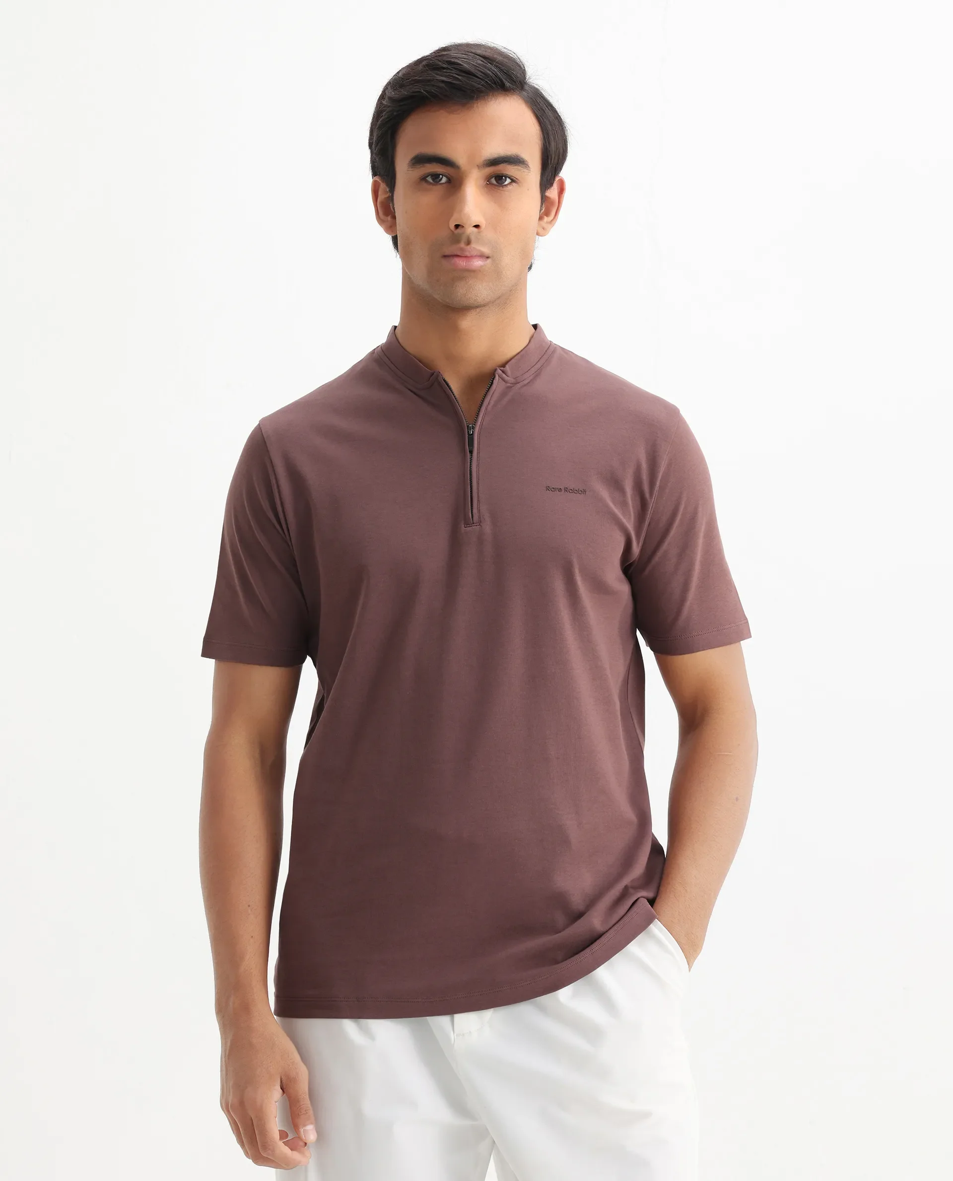 Rare Rabbit Men's Veno Brown Cotton Plain Regular Fit Half Sleeve Polo - Image 3