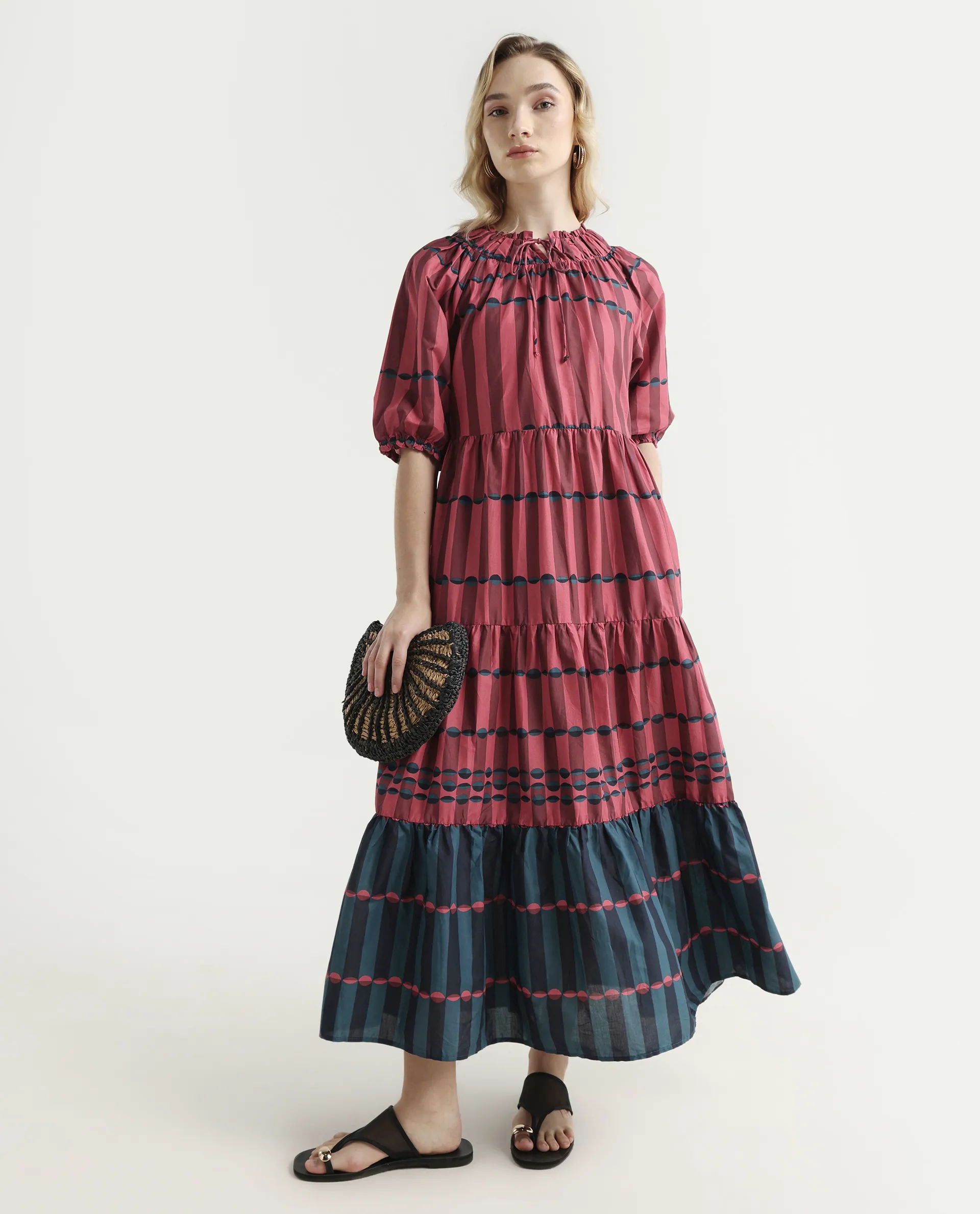 Rareism Women's Vero Maroon Cotton Tie-Up Neck Geometric Print Puff Sleeves Knee Length Regular Fit Dress