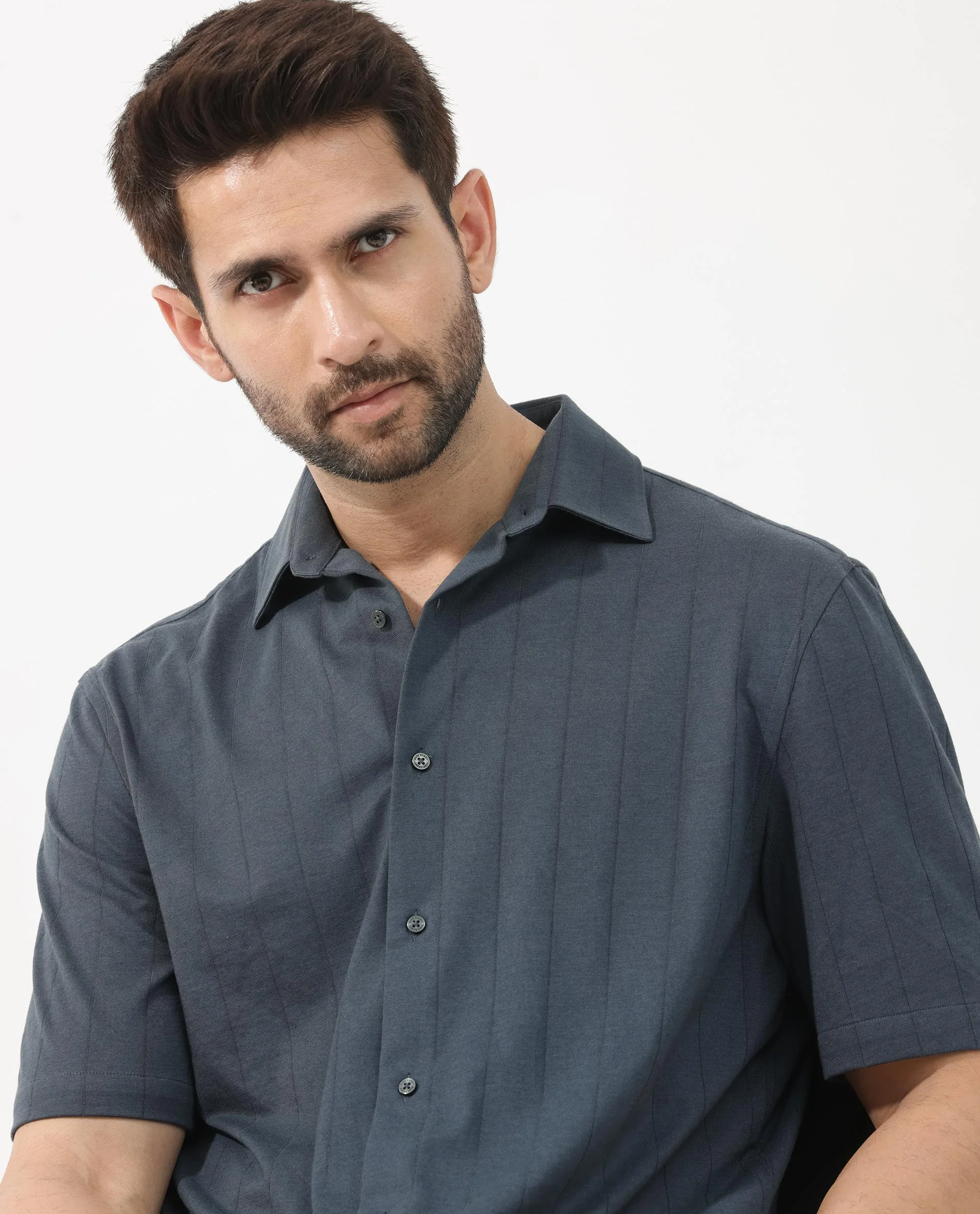 Rare Rabbit Men's Vert Ss Dusky Teal Cotton Plain Boxy Fit Half Sleeve Collared Shirt