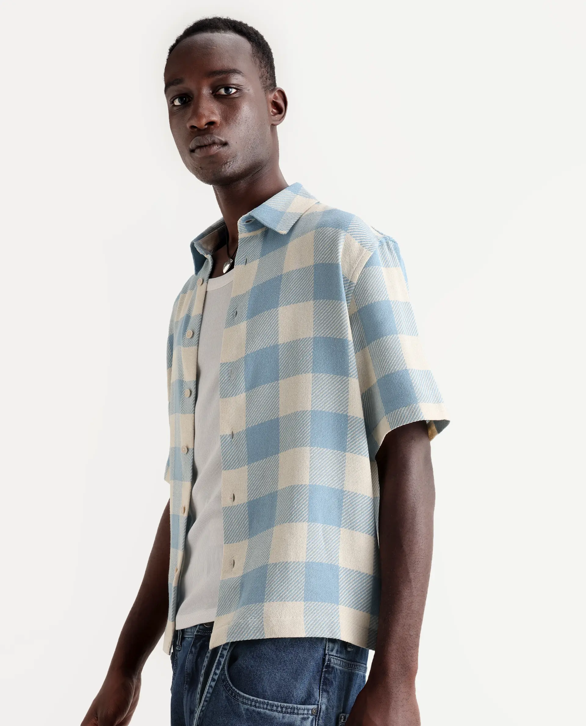 Rare Rabbit Men's Vexlum Light Blue Cotton Checked Print Boxy Fit Half Sleeve Collared Shirt