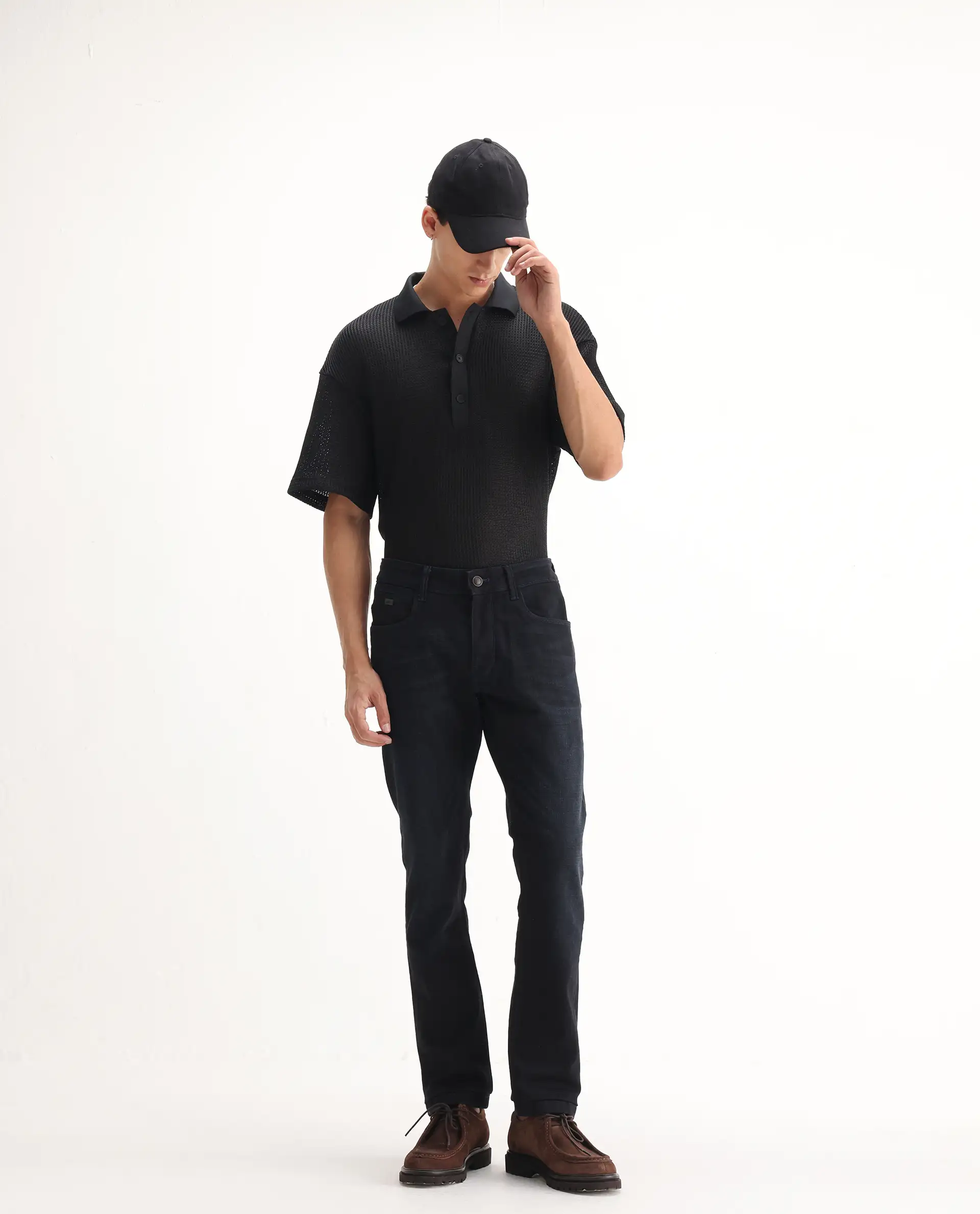 Rare Rabbit Men's Victo Navy Cotton Plain Hawk Slim Fit Jeans