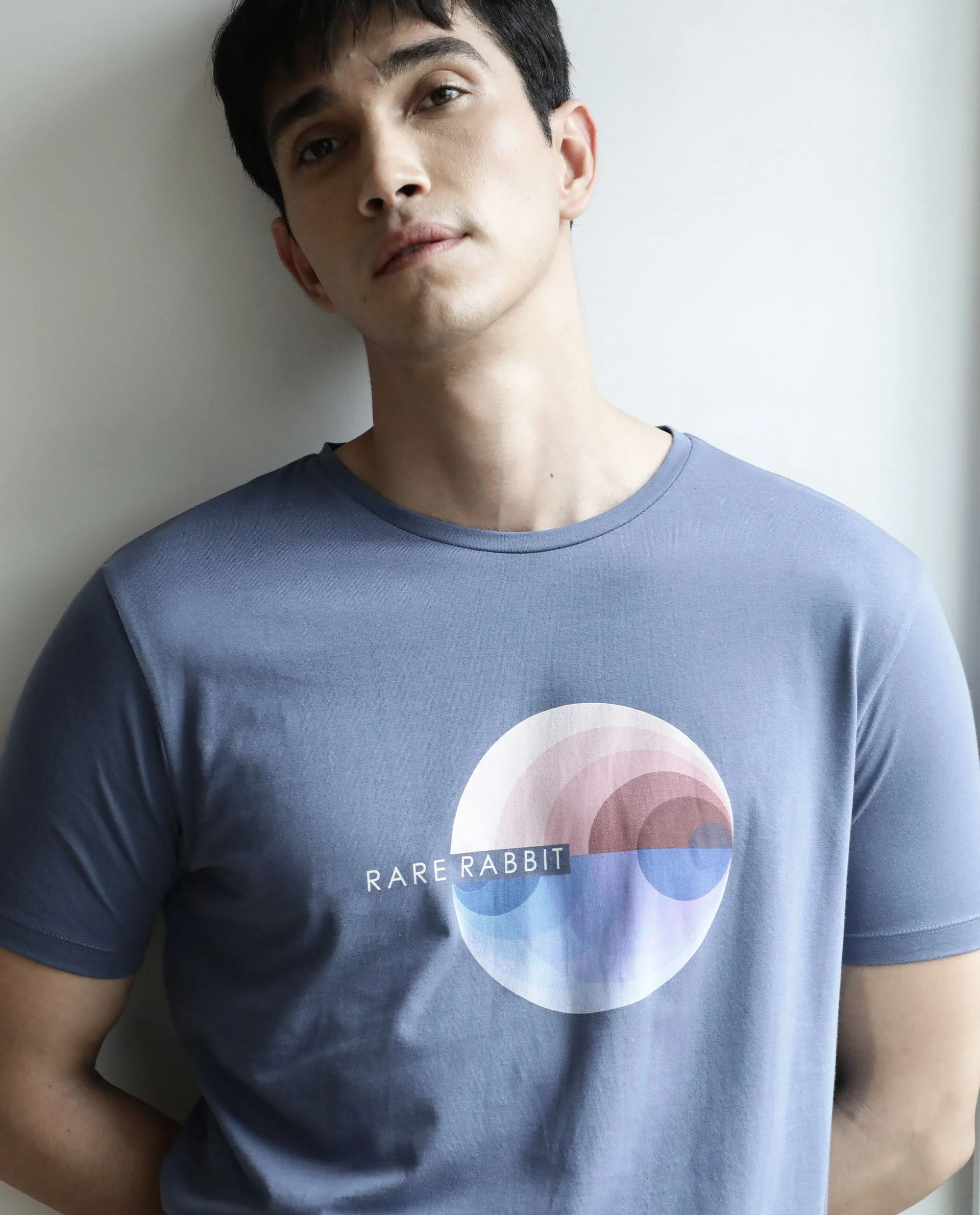 Rare Rabbit Men's View Blue Cotton Graphic Print Slim Fit Half Sleeve Crew Neck T-Shirt