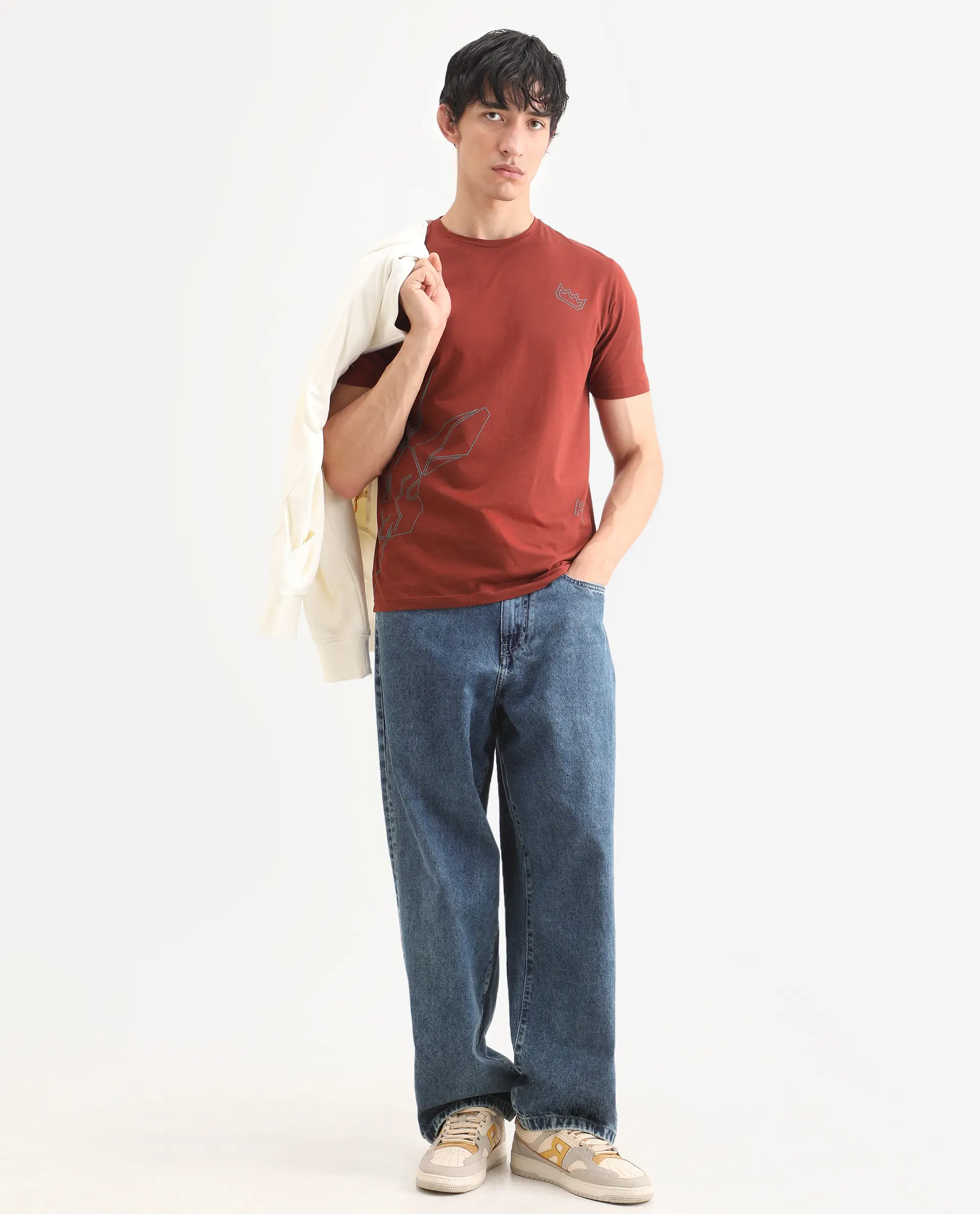 Rare Rabbit Men's Vin Rust Cotton Blend Fabric Half Sleeve Crew Neck Regular Fit T-Shirt - Image 2