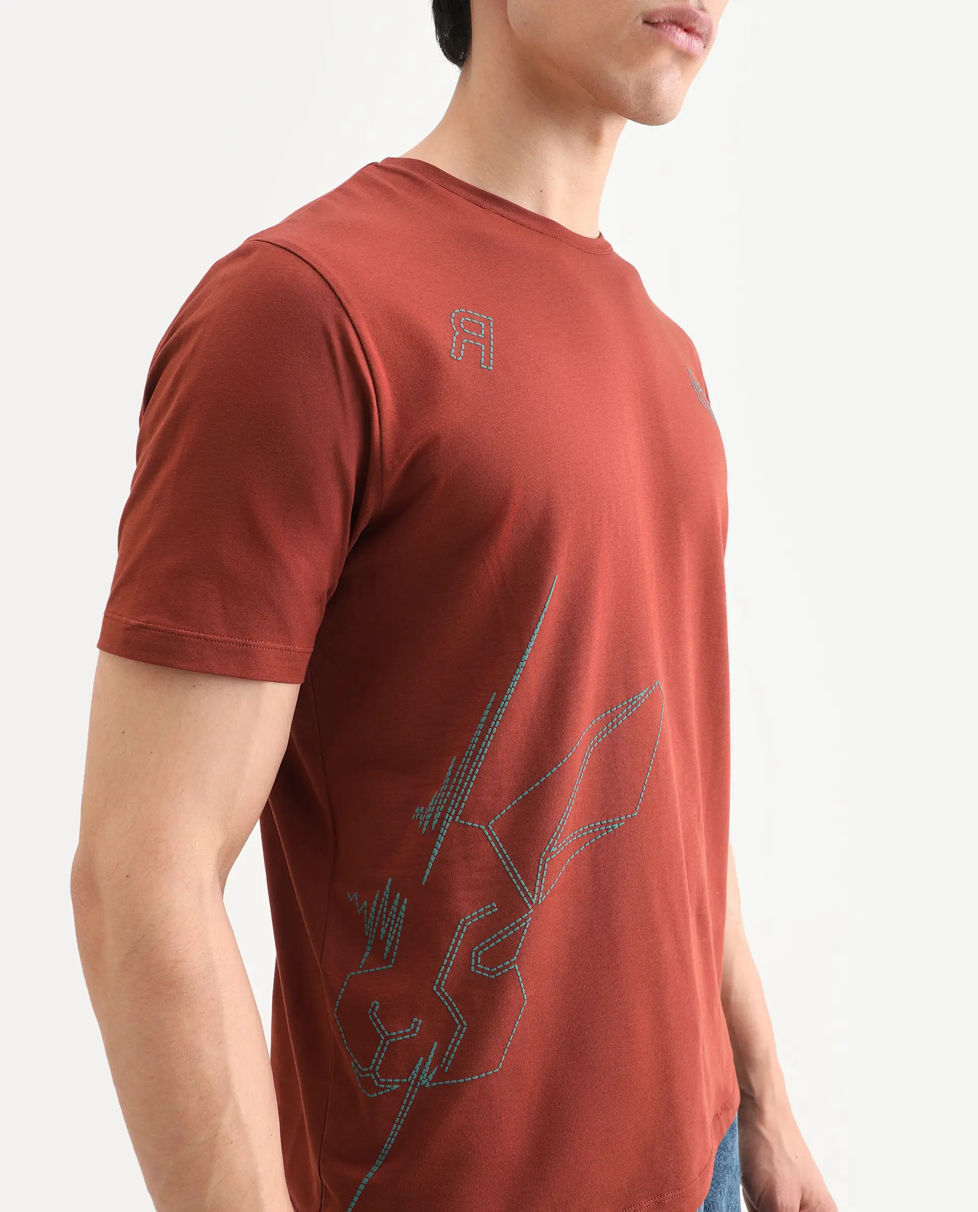 Rare Rabbit Men's Vin Rust Cotton Blend Fabric Half Sleeve Crew Neck Regular Fit T-Shirt - Image 3