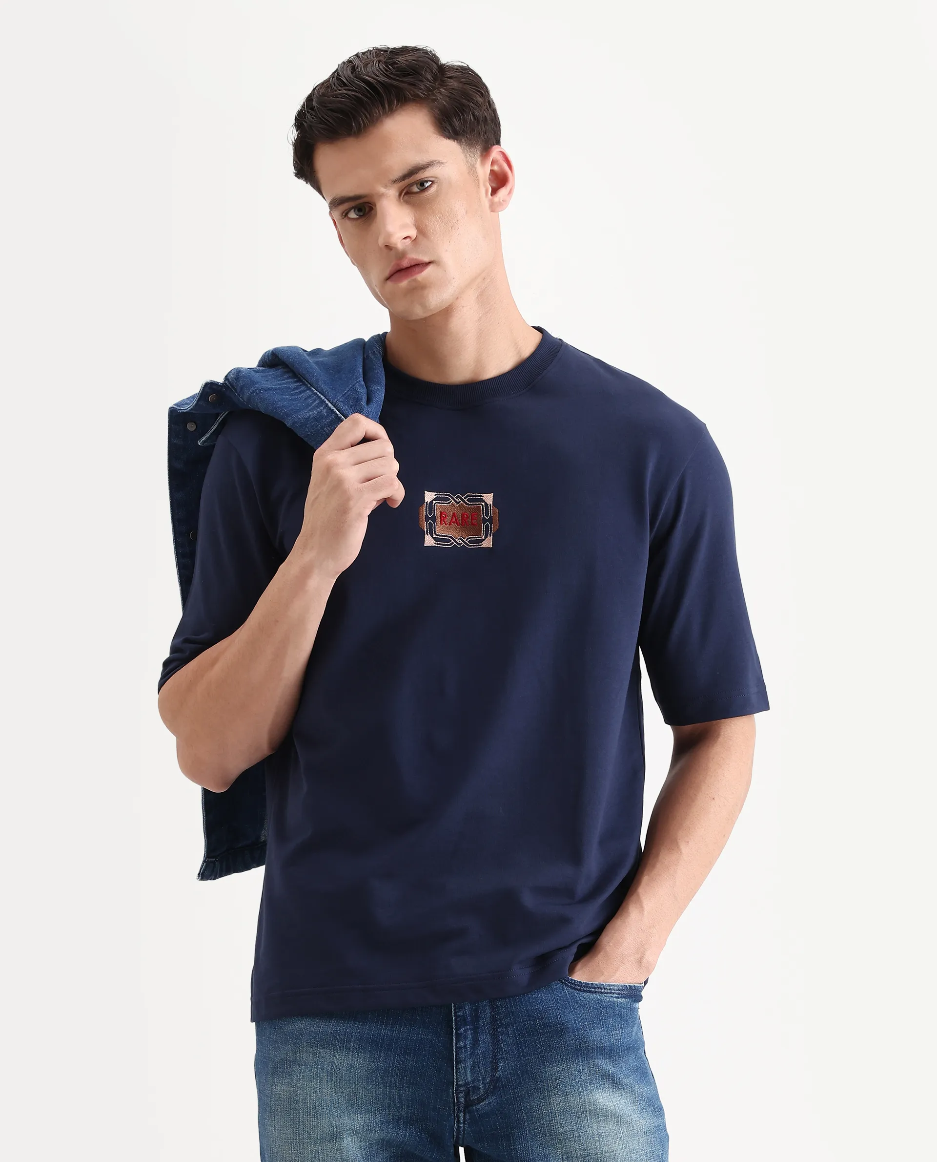 Rare Rabbit Men's Vino Dark Blue Cotton Graphic Print Oversized Fit Half Sleeve Crew Neck T-Shirt