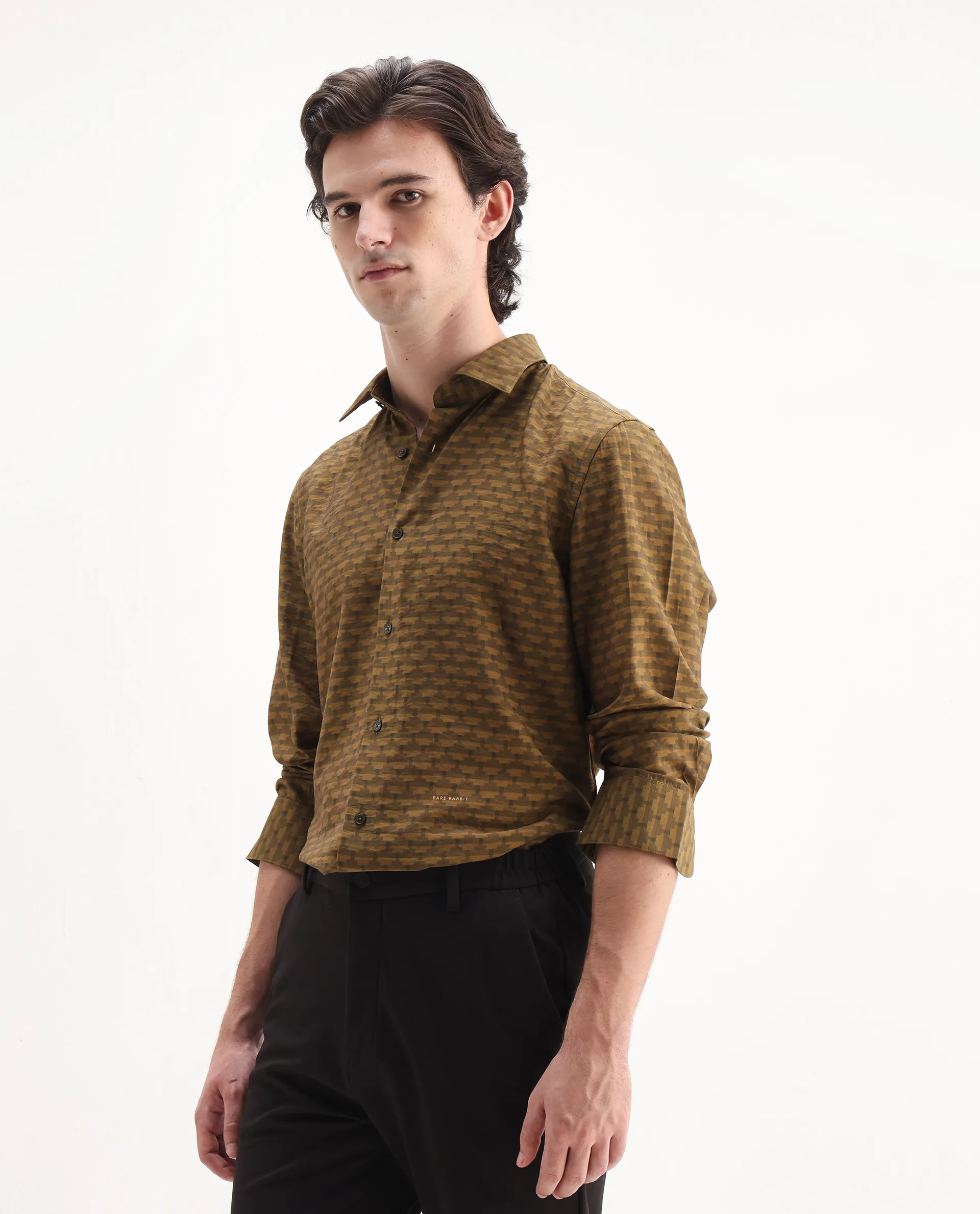Rare Rabbit Men's Vira Dusky Yellow Viscose Digital Print Regular Fit Full Sleeve Collared Shirt - Image 4