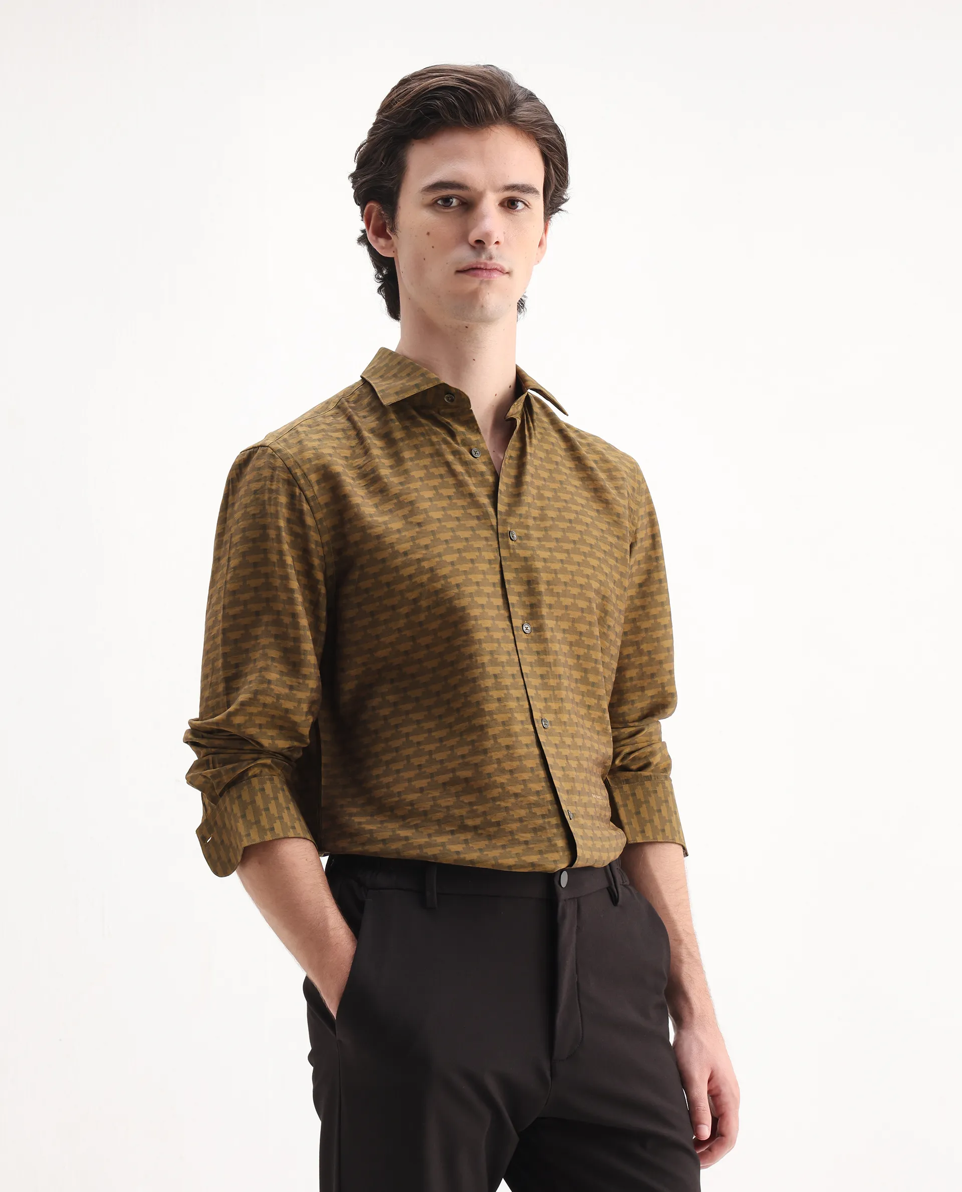 Rare Rabbit Men's Vira Dusky Yellow Viscose Digital Print Regular Fit Full Sleeve Collared Shirt - Image 5