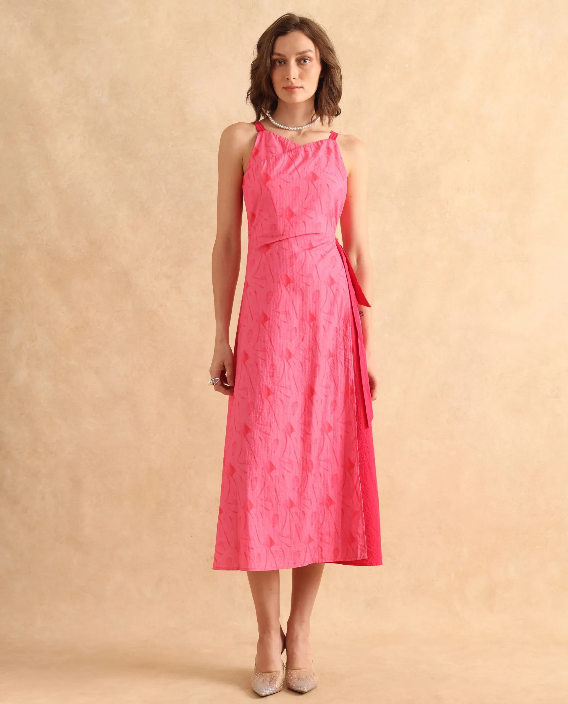 Rareism Women's Viyug Pink Cotton Blend Halter Neck Monogram Print Sleeveless Midi Wrap Dress