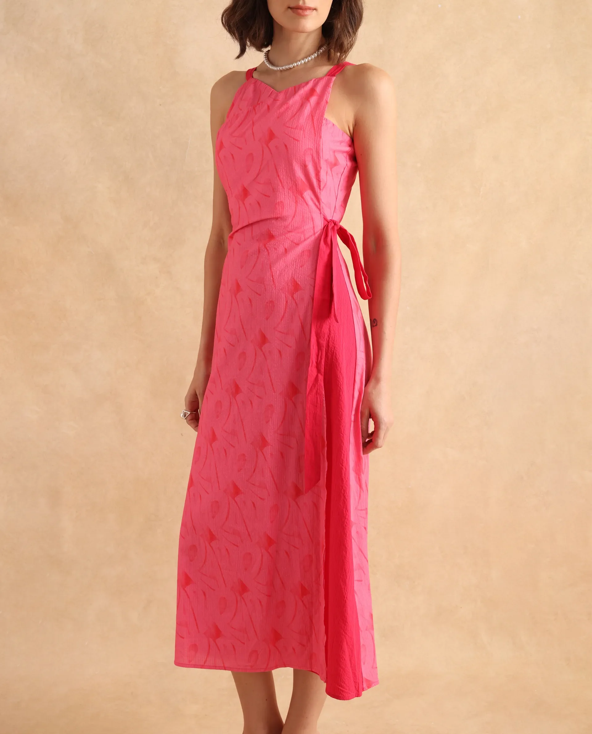 Rareism Women's Viyug Pink Cotton Blend Halter Neck Monogram Print Sleeveless Midi Wrap Dress - Image 4
