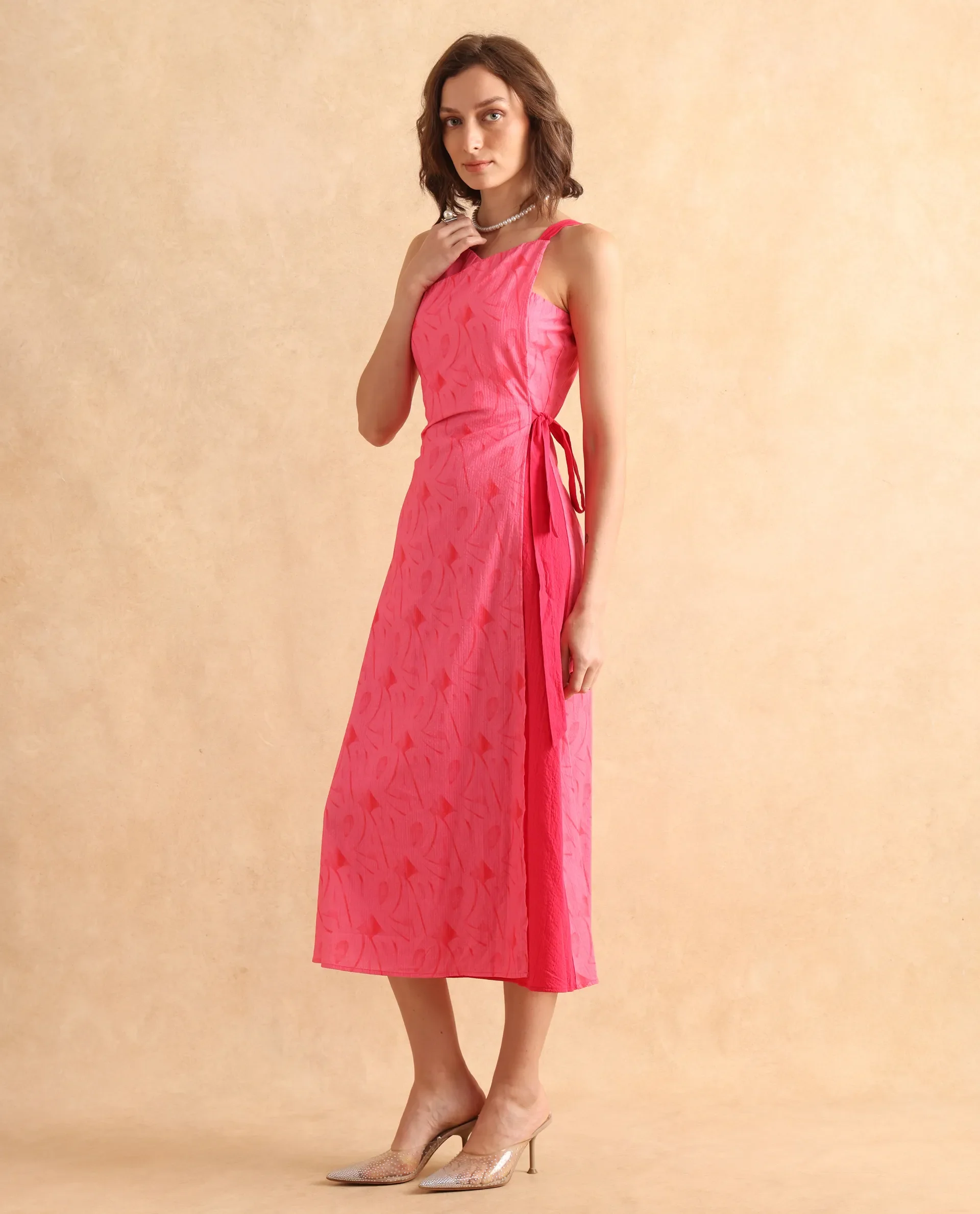 Rareism Women's Viyug Pink Cotton Blend Halter Neck Monogram Print Sleeveless Midi Wrap Dress - Image 6