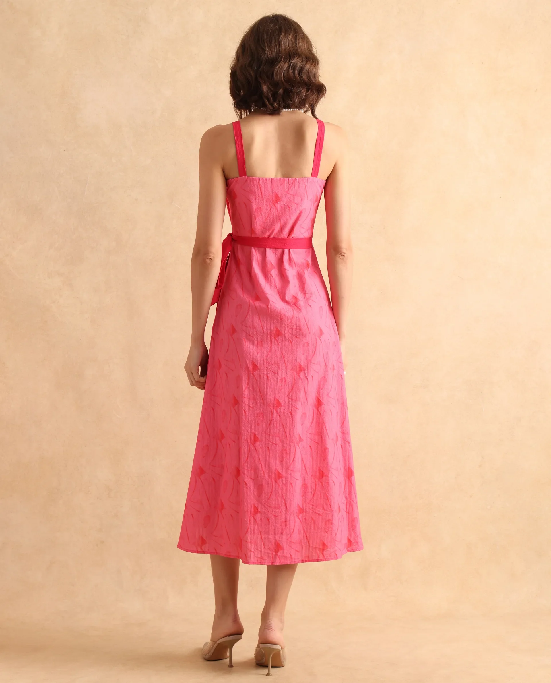 Rareism Women's Viyug Pink Cotton Blend Halter Neck Monogram Print Sleeveless Midi Wrap Dress - Image 8