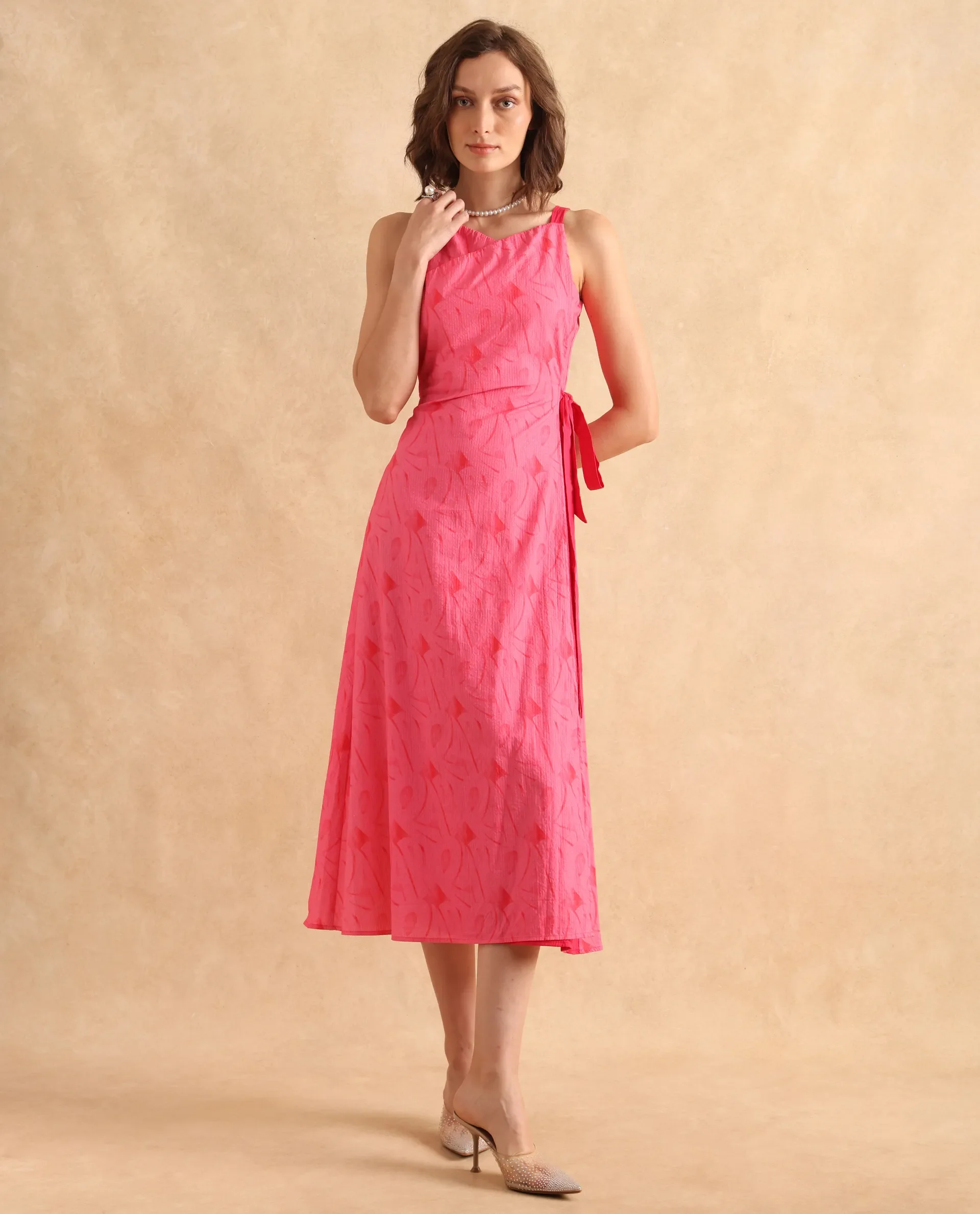 Rareism Women's Viyug Pink Cotton Blend Halter Neck Monogram Print Sleeveless Midi Wrap Dress - Image 9