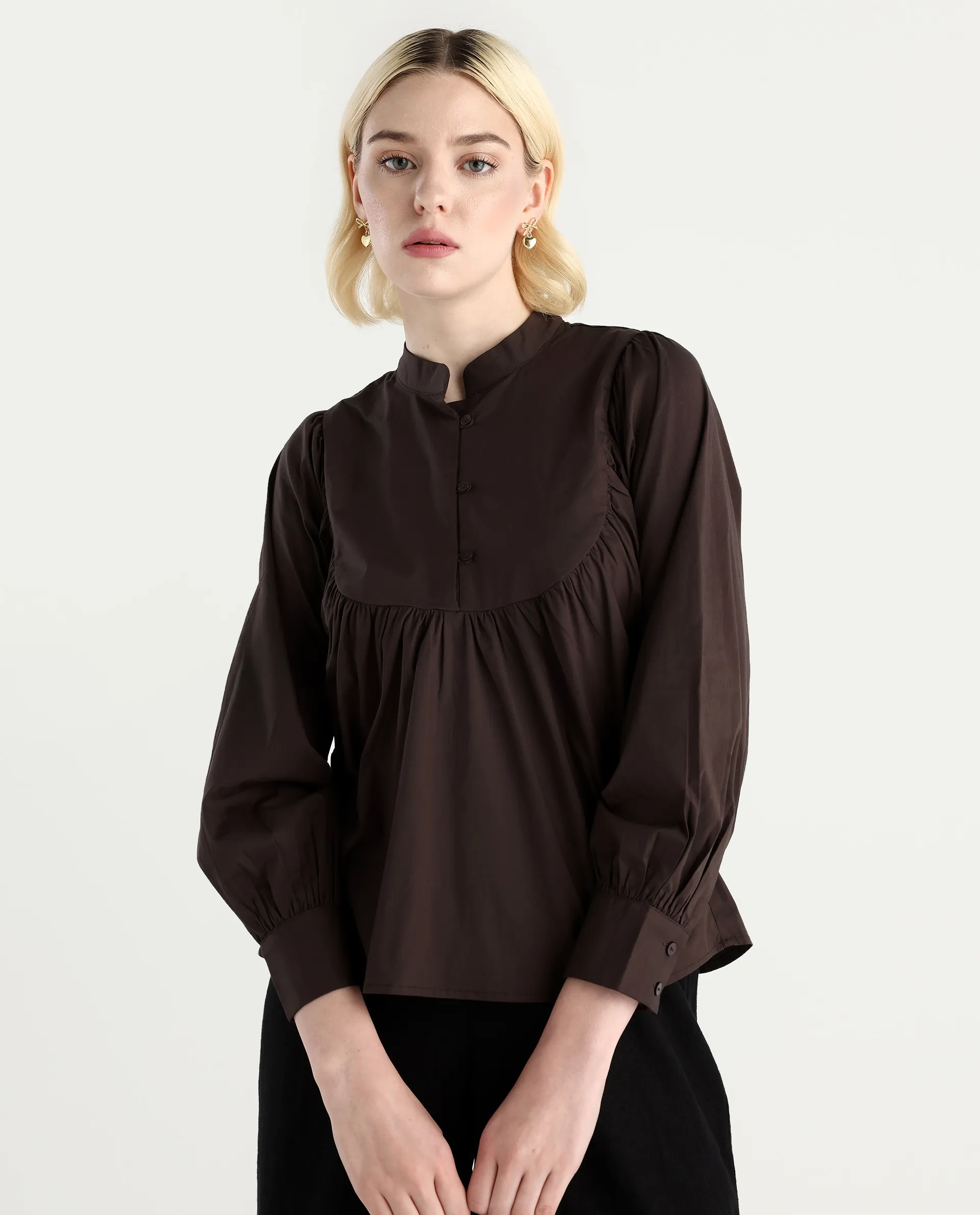 Rareism Women's Vize Brown Cotton Blend High Neck Plain Cuffed Sleeve Relaxed Fit Top