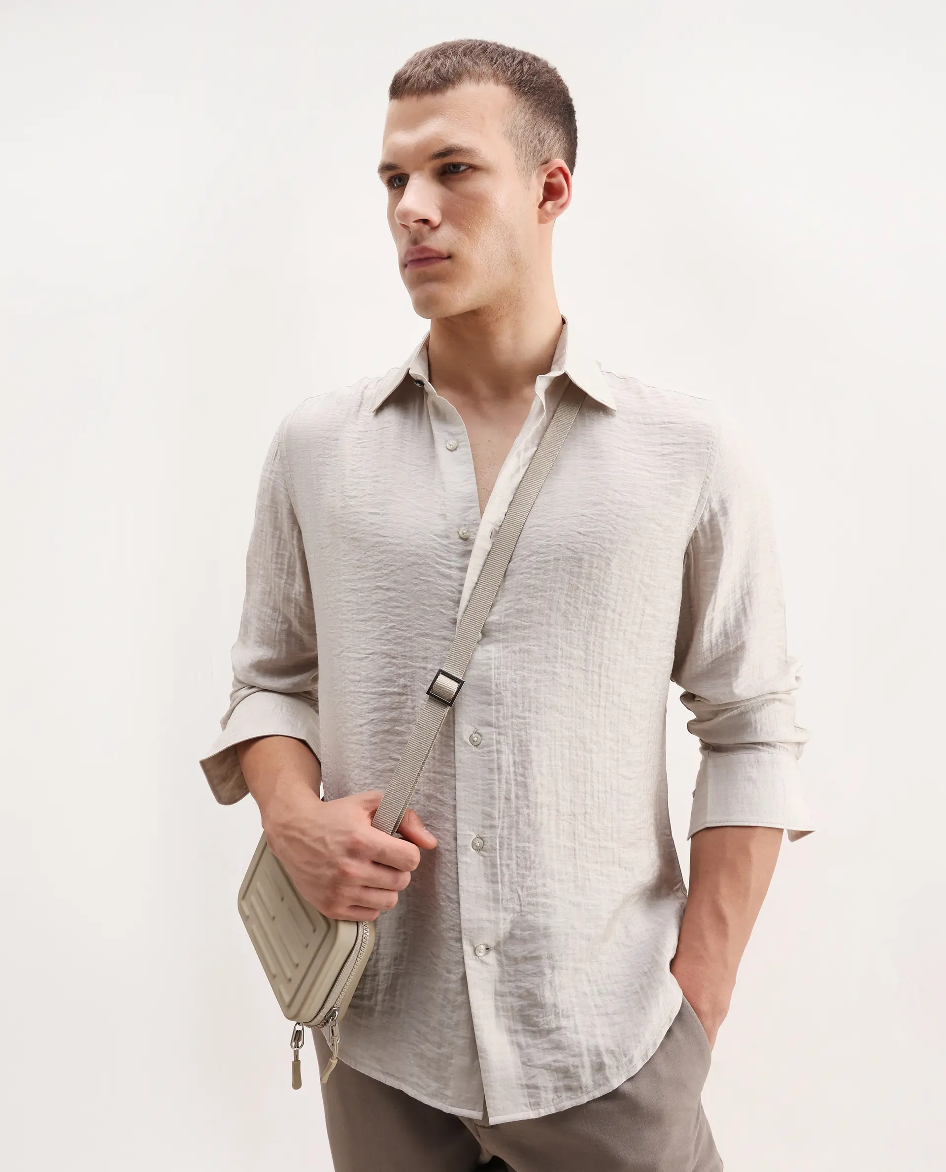 Rare Rabbit Men's Vobrin Dusky Beige Cotton Plain Regular Fit Full Sleeve Collared Shirt