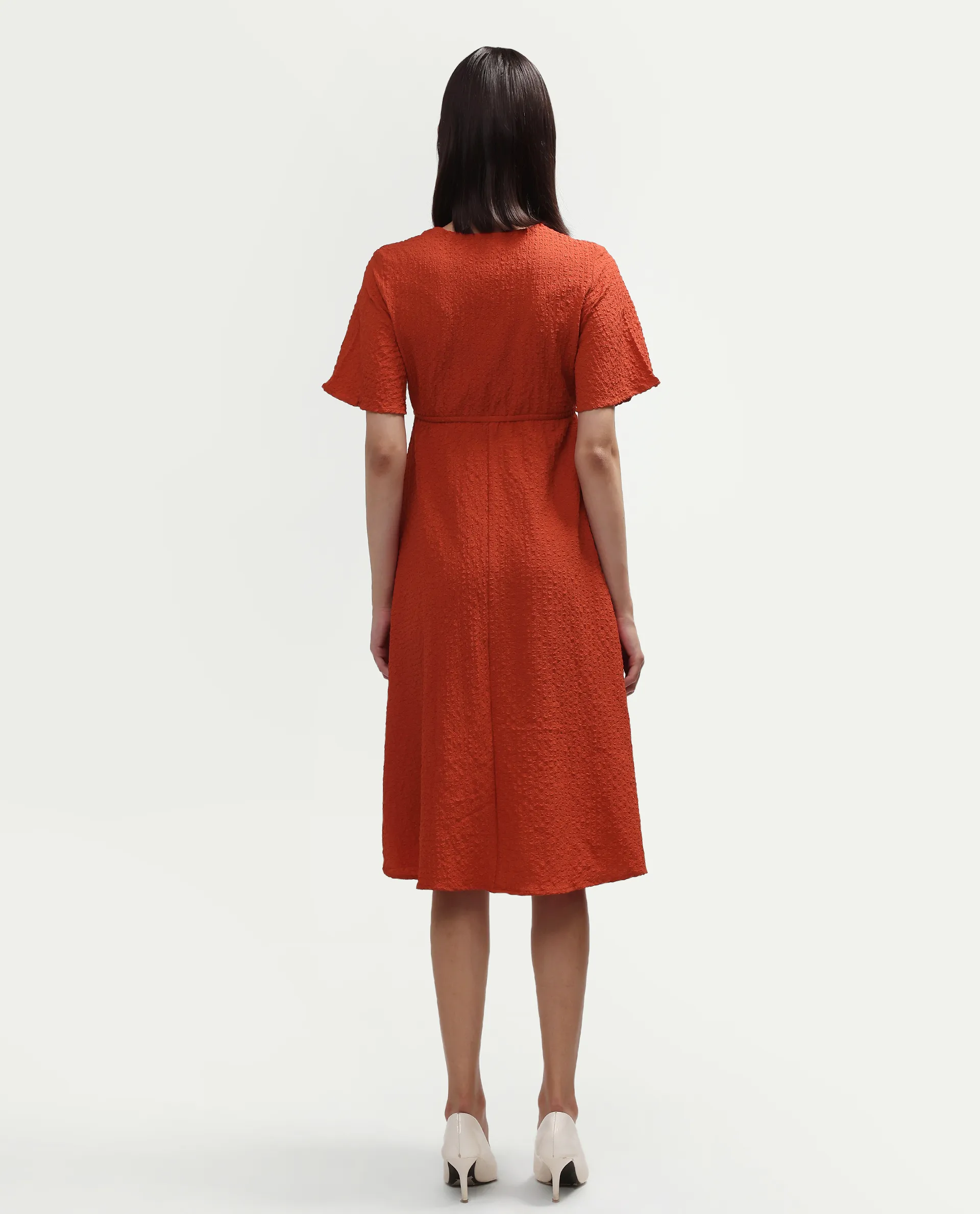 Rareism Women's Vondien Rust Polyester Half Sleeve V-Neck Flared Dress - Image 7
