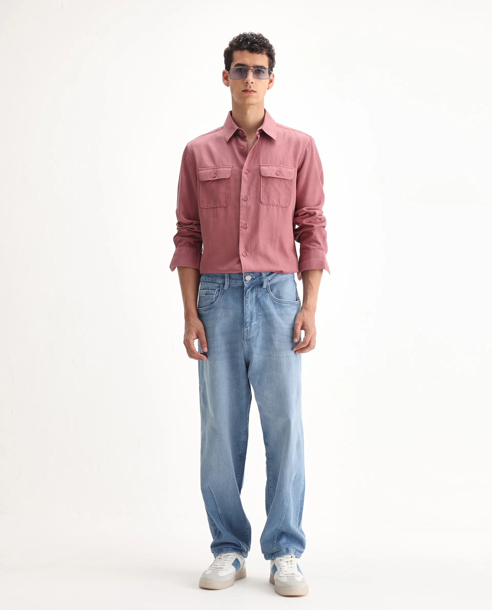 Rare Rabbit Men's Vort Light Blue Cotton Blend Plain Baggy Fit Jeans