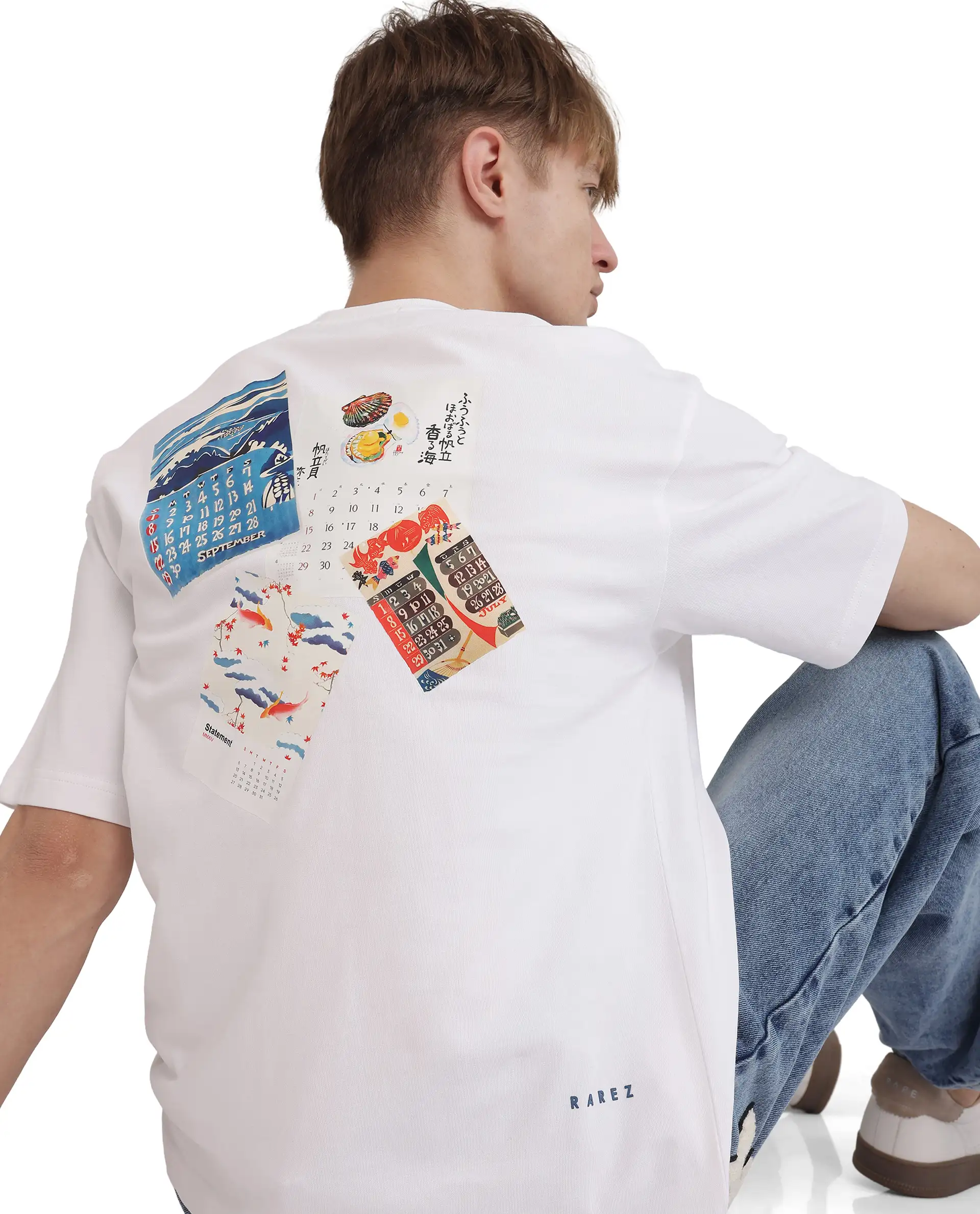 Rare Rabbit Men's Voy White Cotton Graphic Print Oversized Fit Half Sleeve Crew Neck T-Shirt