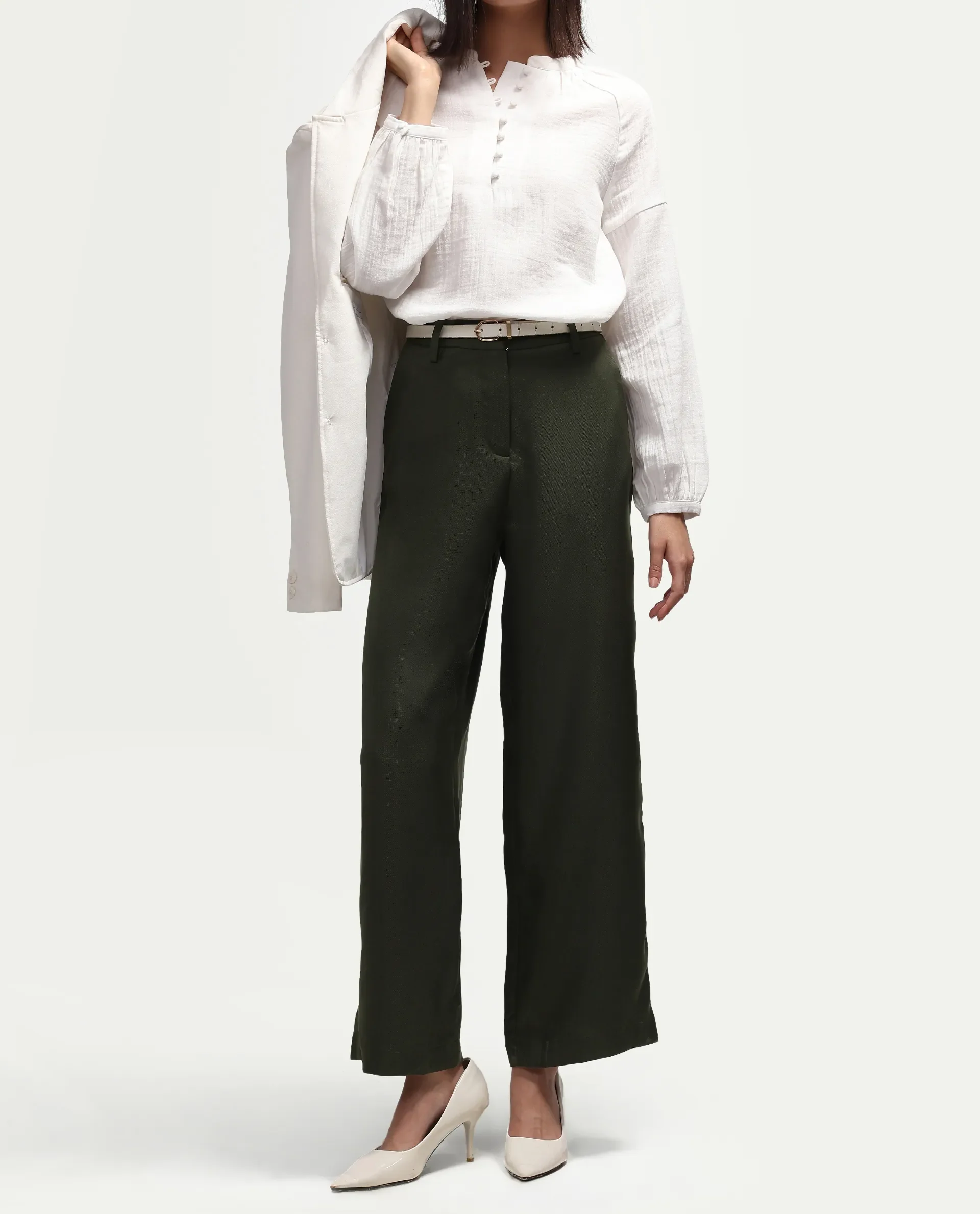 Rareism Women's Vrait Olive Polyester Straight Plain Trouser - Image 2