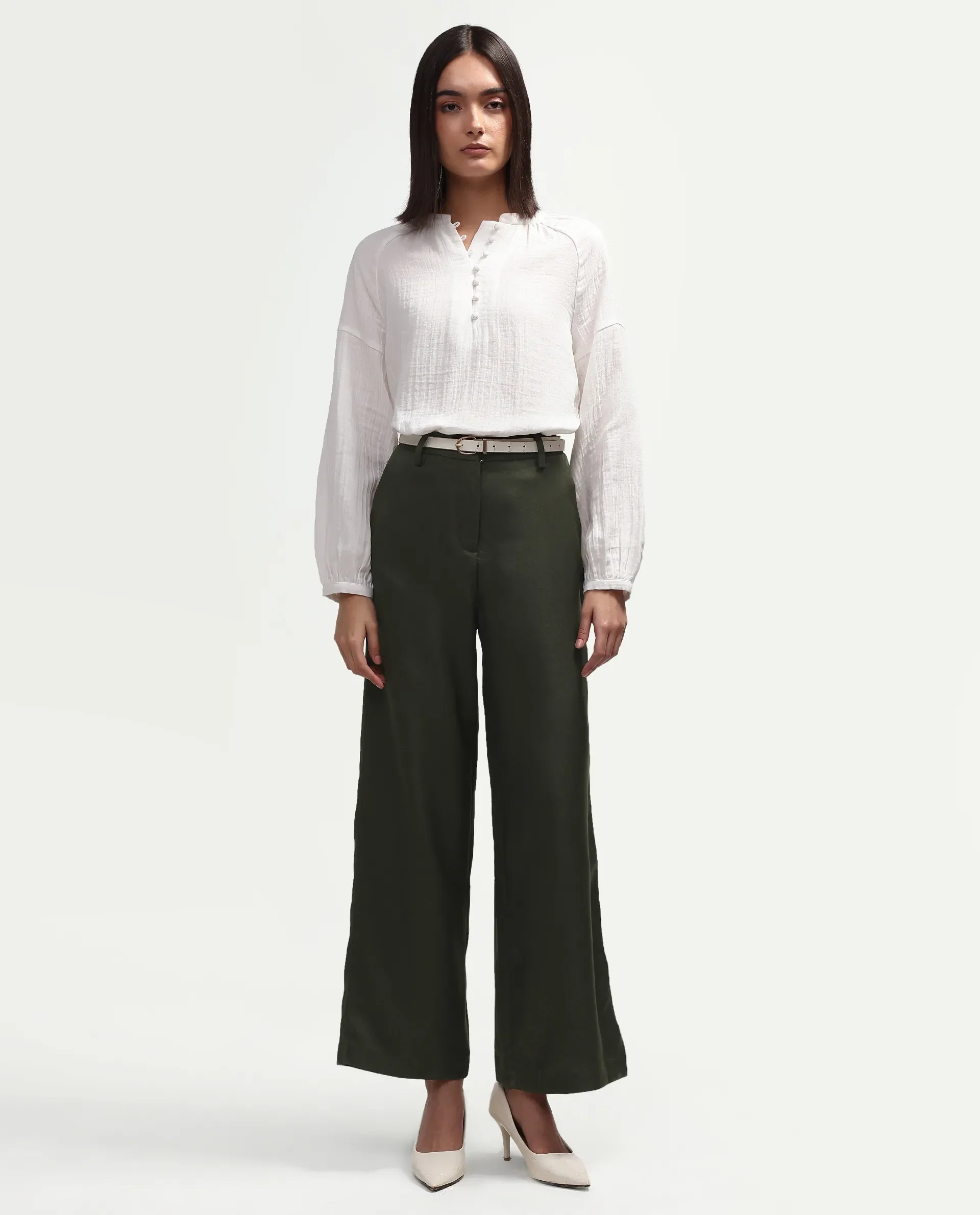 Rareism Women's Vrait Olive Polyester Straight Plain Trouser - Image 3