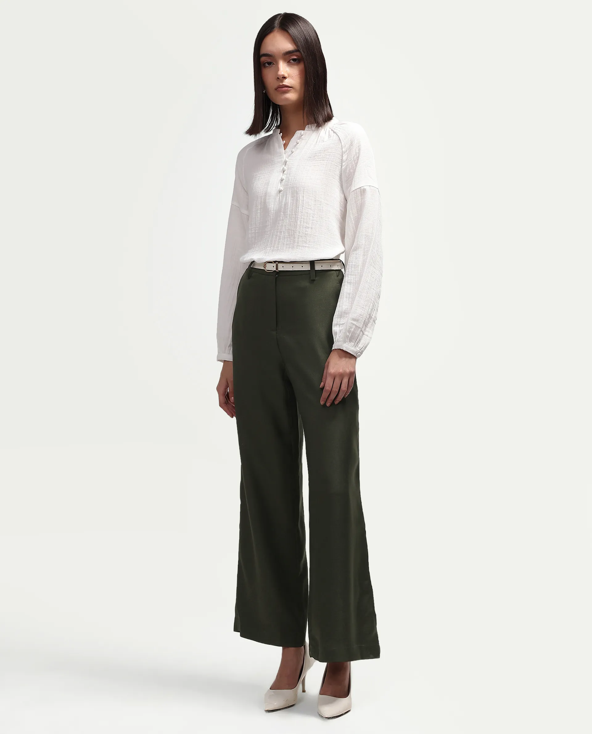 Rareism Women's Vrait Olive Polyester Straight Plain Trouser - Image 5