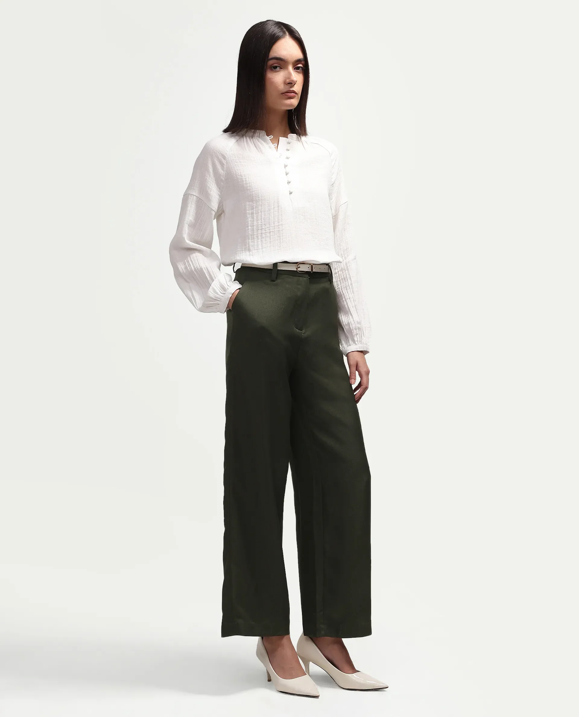 Rareism Women's Vrait Olive Polyester Straight Plain Trouser - Image 6