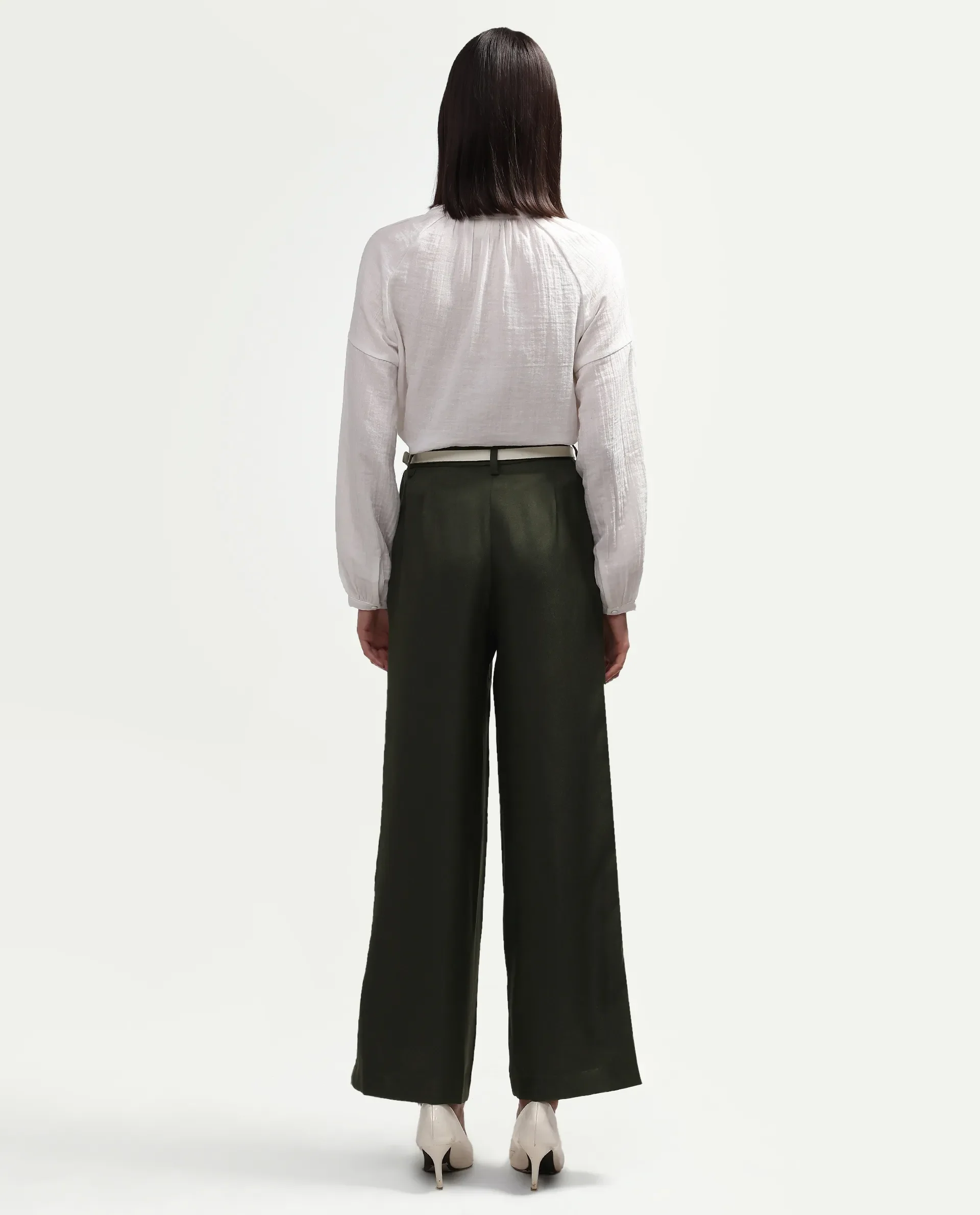 Rareism Women's Vrait Olive Polyester Straight Plain Trouser - Image 7