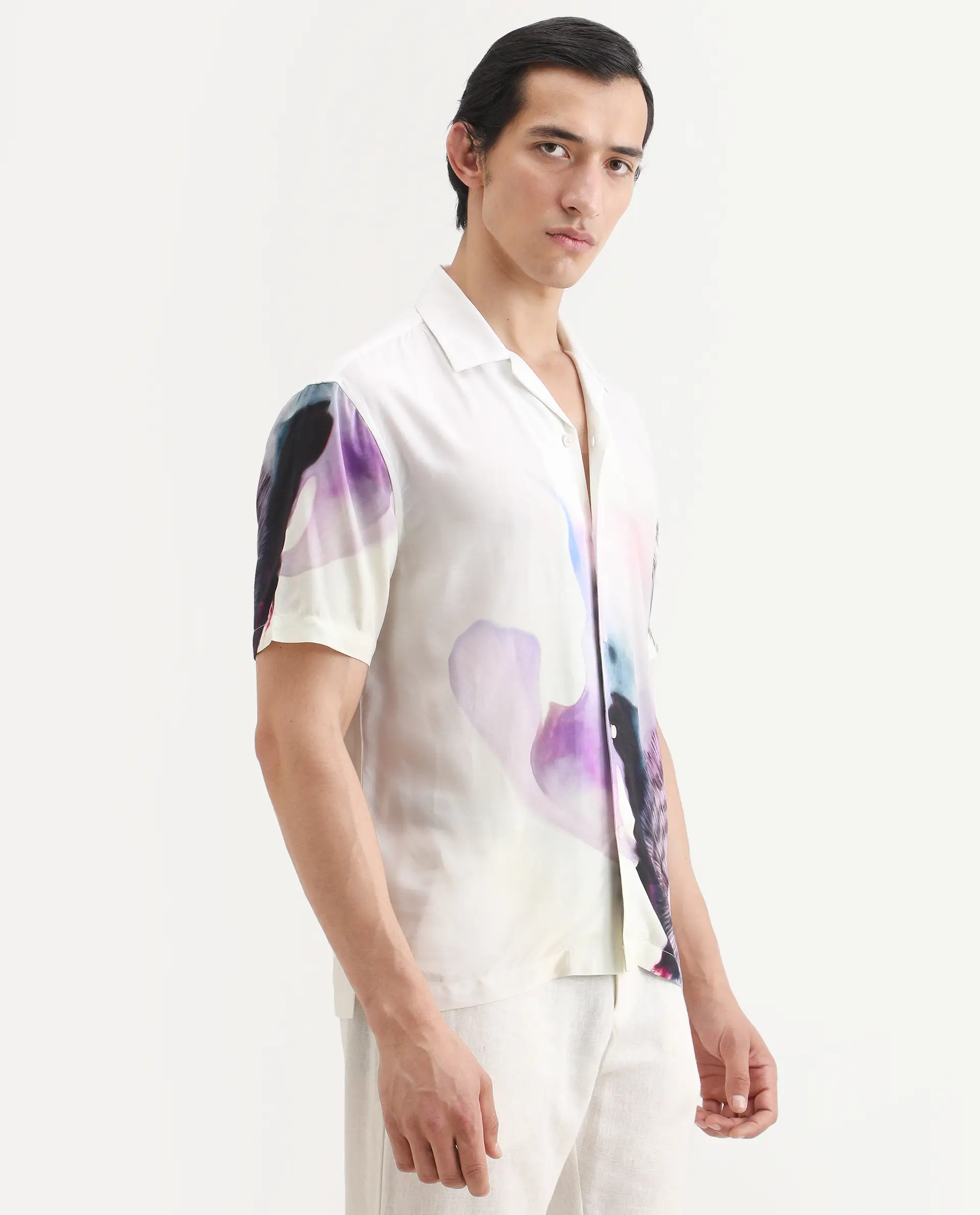 Rare Rabbit Men's Vyrn White Viscose Fabric Half Sleeve Cuban Collar Regular Fit Abstract Print Shirt - Image 6