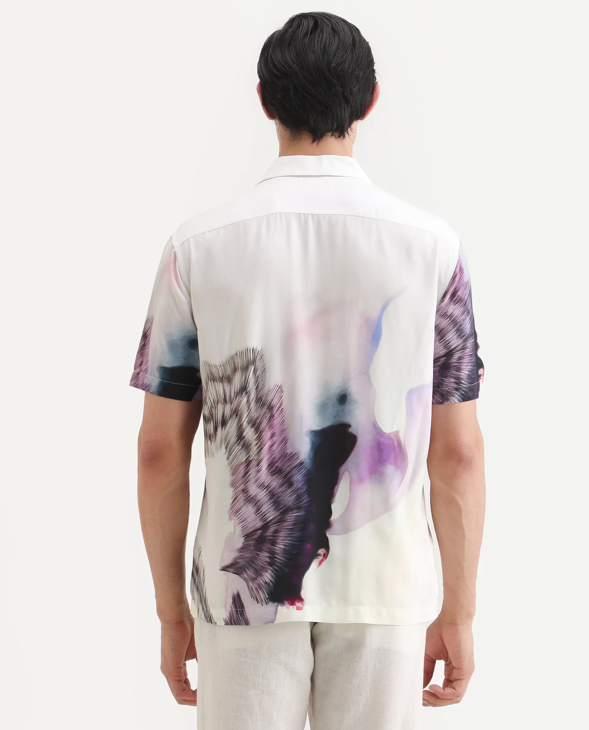 Rare Rabbit Men's Vyrn White Viscose Fabric Half Sleeve Cuban Collar Regular Fit Abstract Print Shirt - Image 7