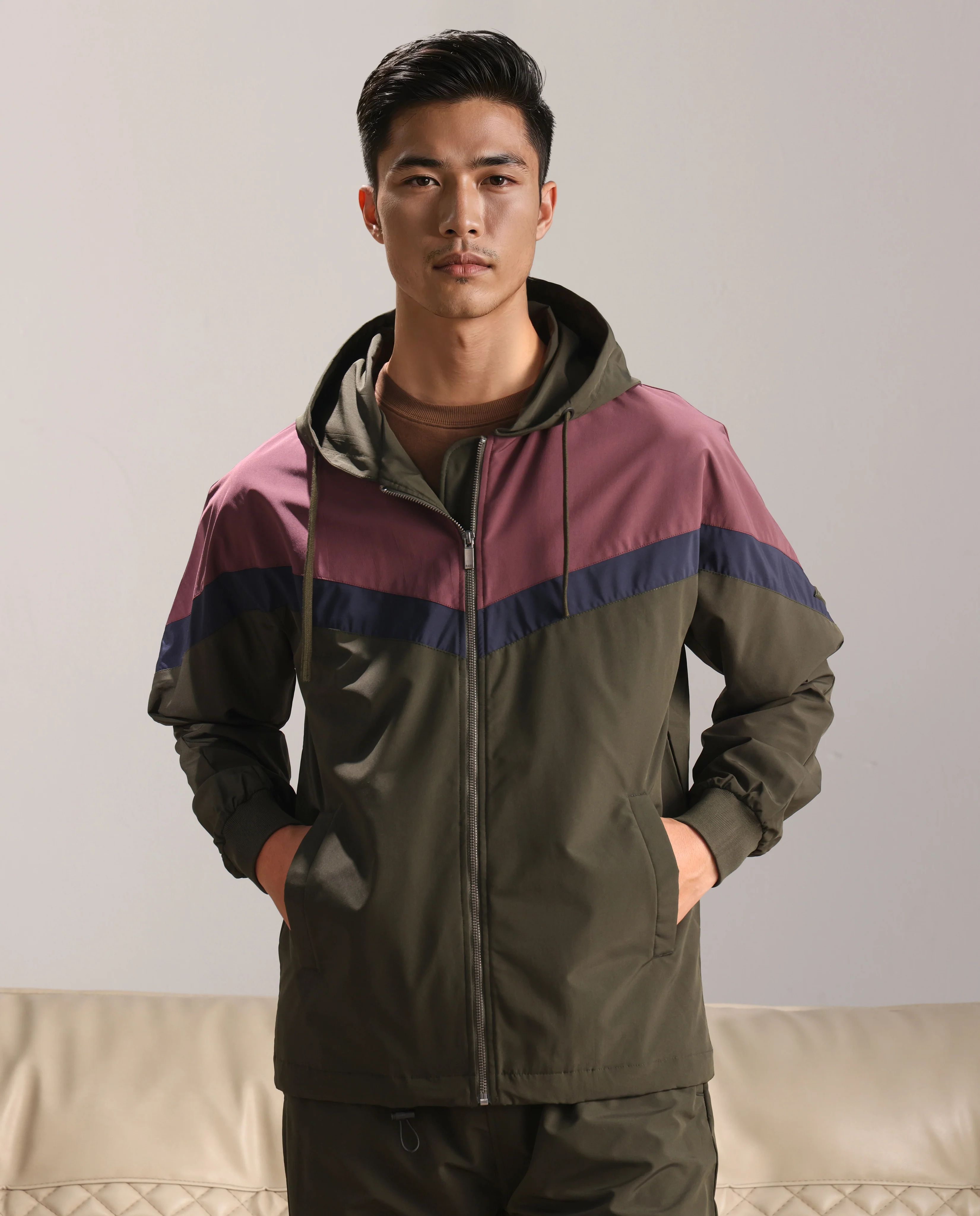 Rare Rabbit Men's Waber Olive Polyester Cut And Sew Regular Fit Full Sleeve Hooded Jacket
