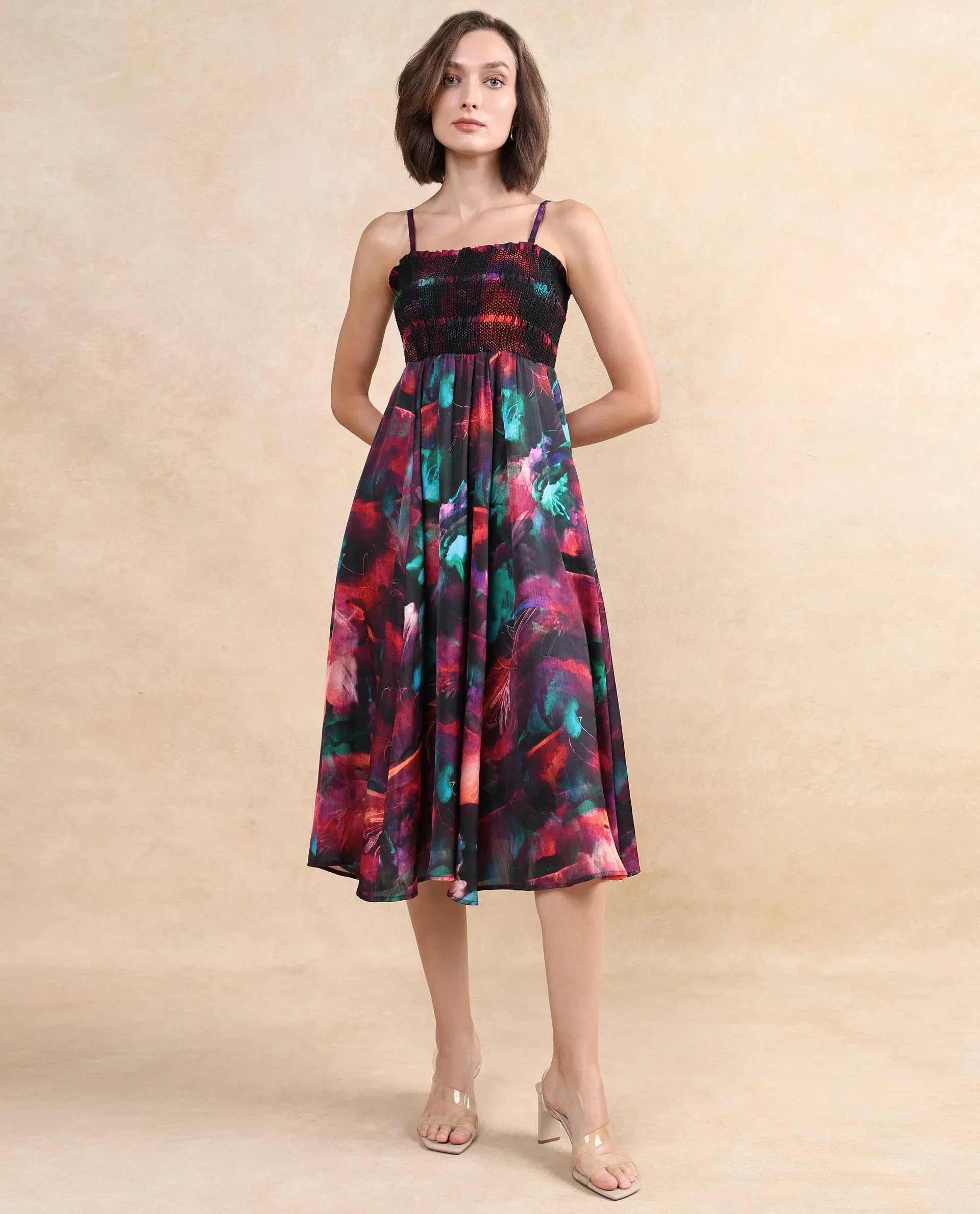 Rareism Women's Walbania Dark Multi Satin Tube Neck Floral Print Sleeveless Midi Fit And Flare Dress