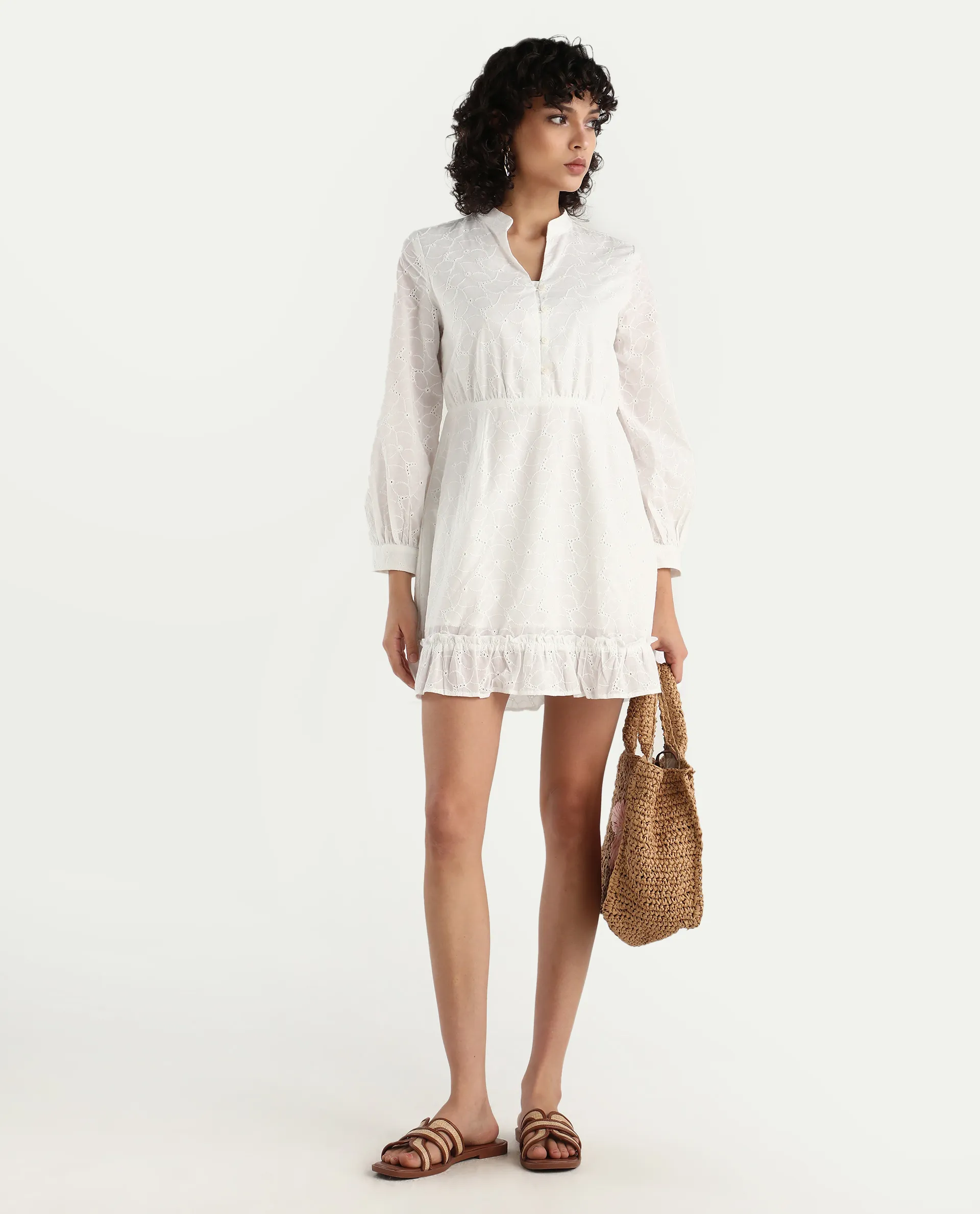 Rareism Women's Walder White Cotton V-Neck Plain Bishop Sleeve Mini A-Line Dress