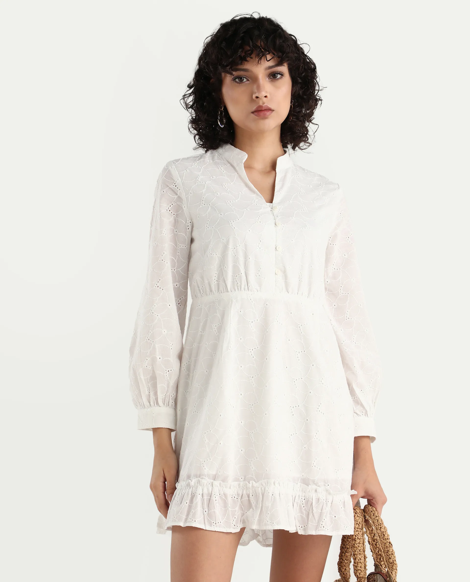 Rareism Women's Walder White Cotton V-Neck Plain Bishop Sleeve Mini A-Line Dress - Image 2