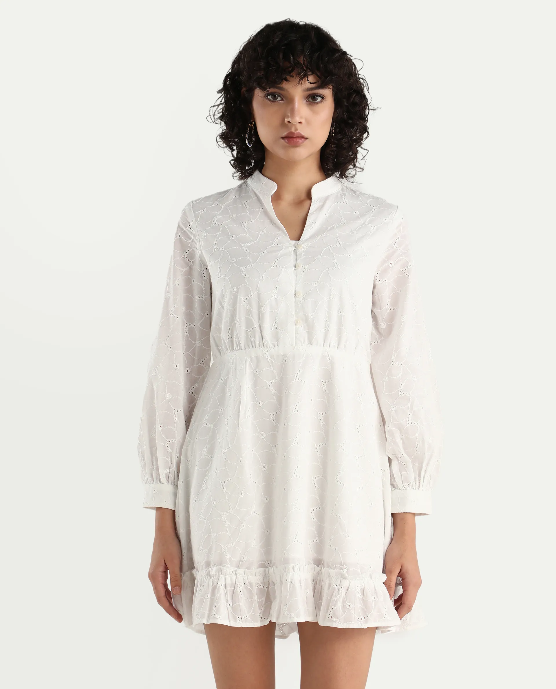 Rareism Women's Walder White Cotton V-Neck Plain Bishop Sleeve Mini A-Line Dress - Image 3