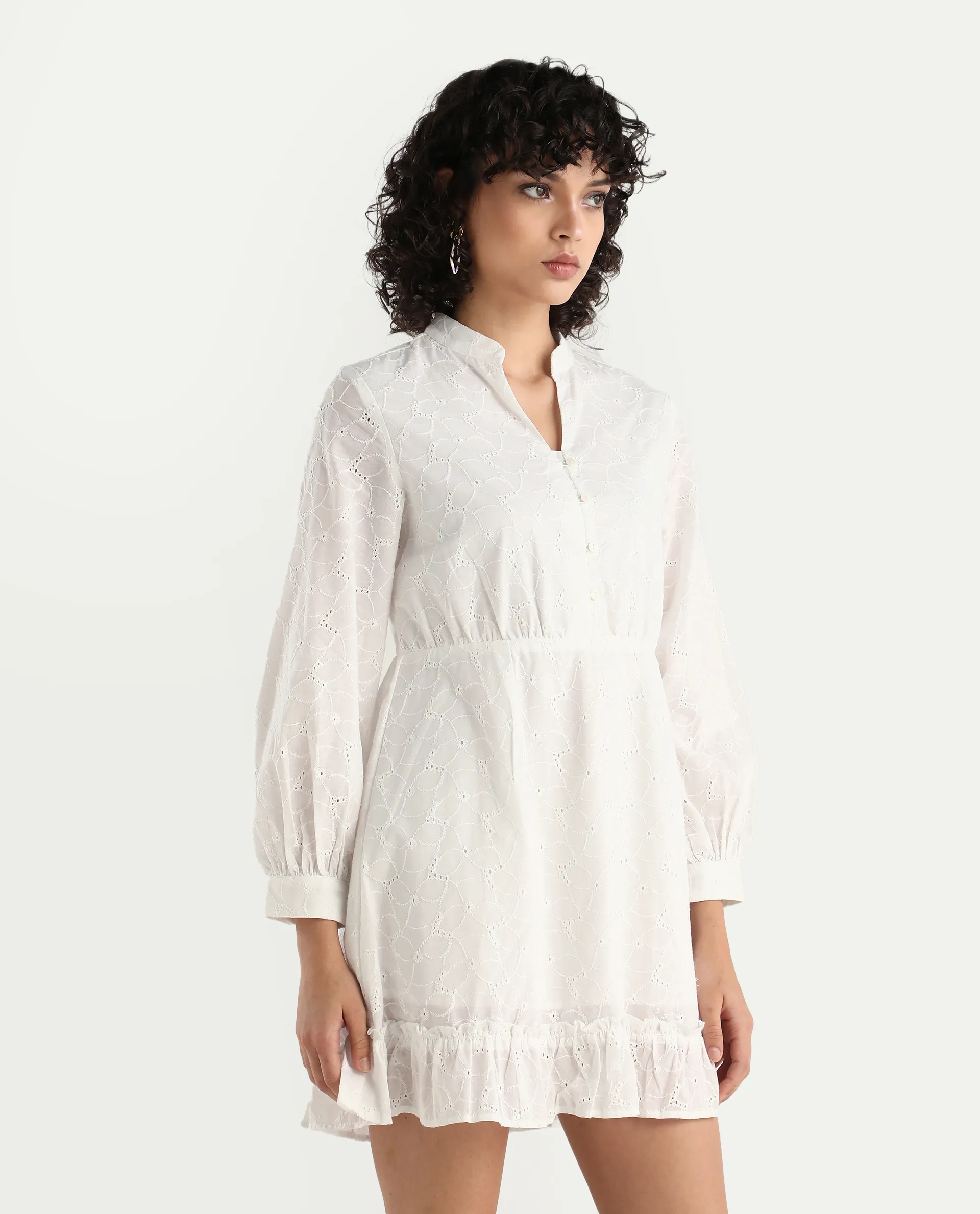 Rareism Women's Walder White Cotton V-Neck Plain Bishop Sleeve Mini A-Line Dress - Image 4