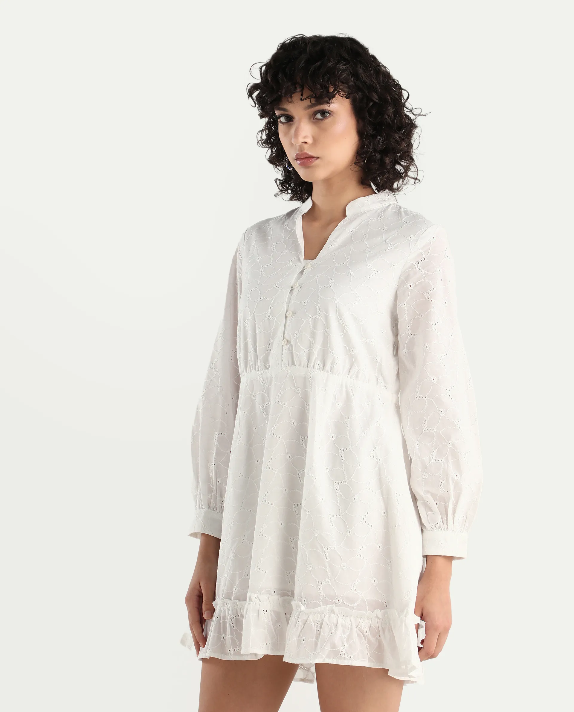 Rareism Women's Walder White Cotton V-Neck Plain Bishop Sleeve Mini A-Line Dress - Image 5